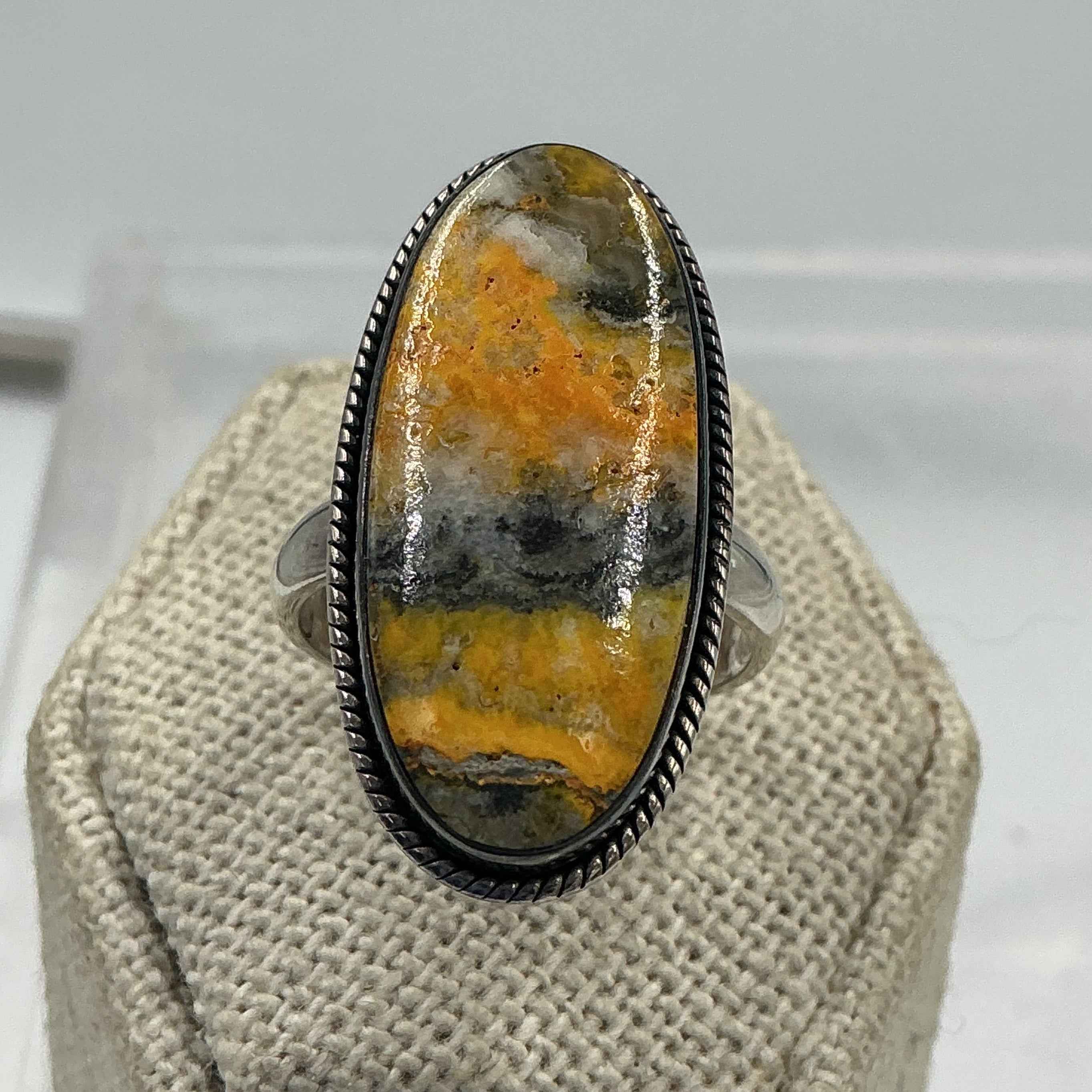 Sterling Silver Bezeled Oval Bumblebee Jasper Ring - Size 7 - Joy, Strength, & Personal Power
