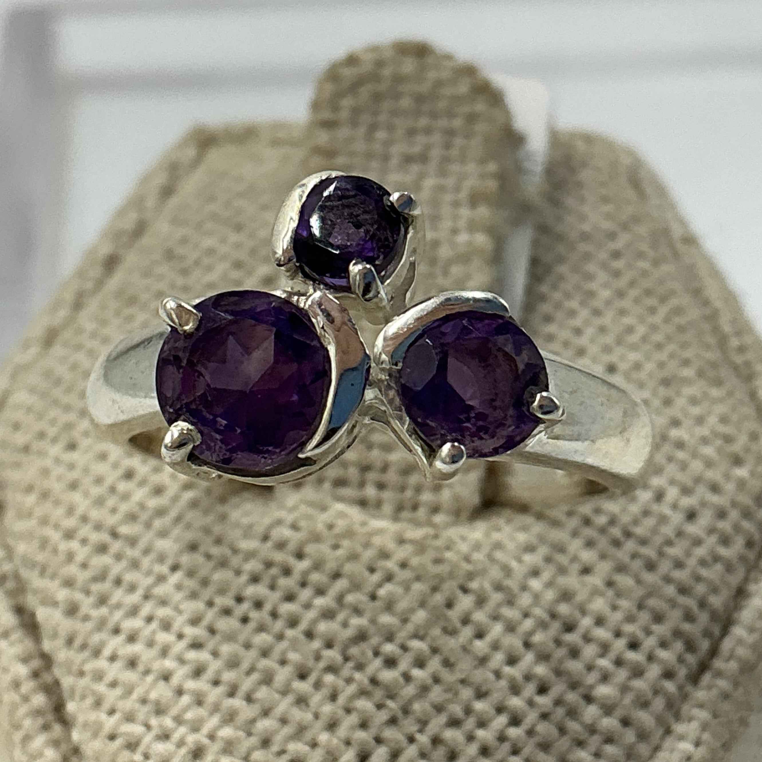 Sterling Silver Triple Circle Amethyst Ring – Size 9 – Calm, Intuition & Spiritual Protection