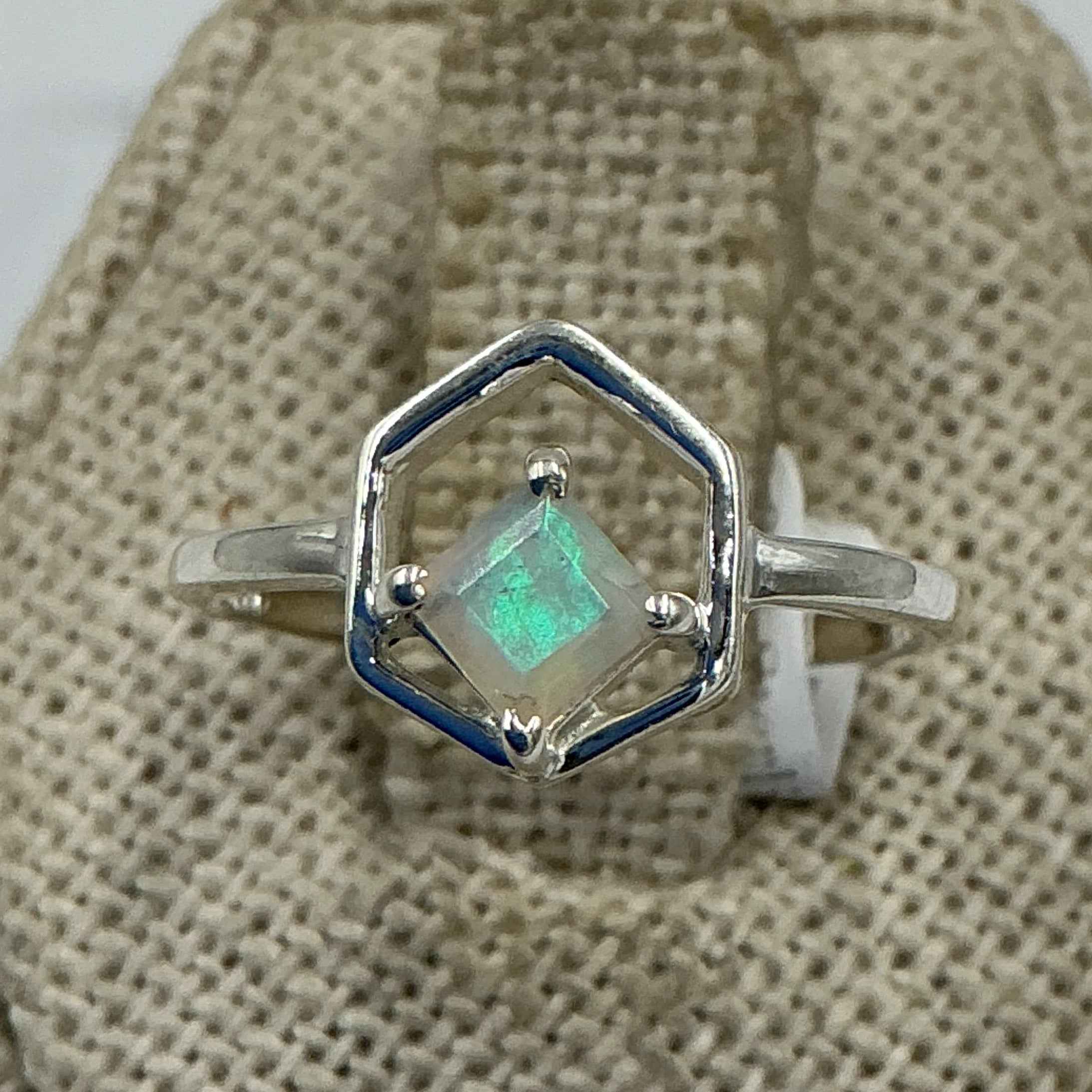 Sterling Silver Ethiopian Opal Hexagon Ring – Size 6 – Intuition, Inspiration & Emotional Balance