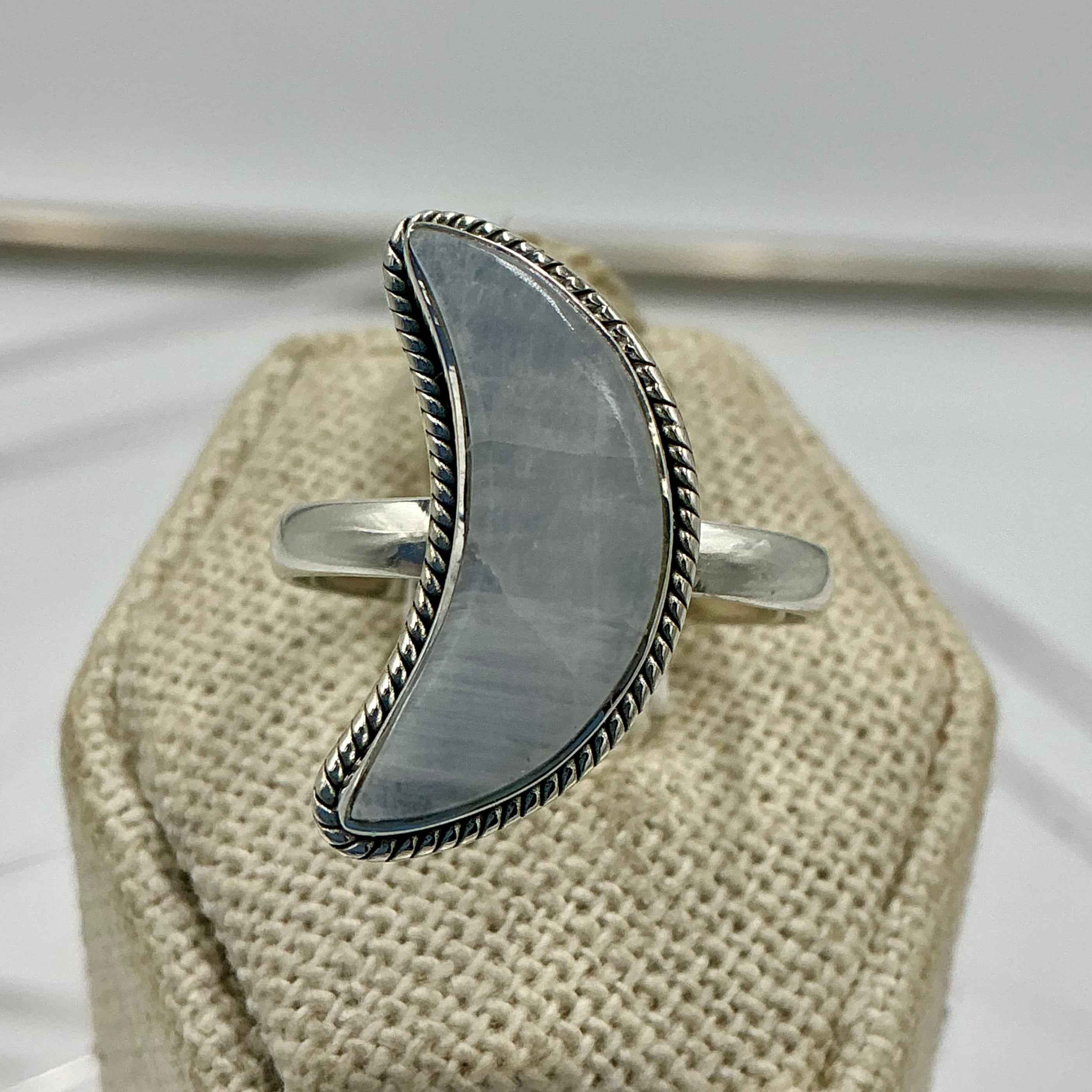 Sterling Silver Rainbow Moonstone Crescent Moon Ring – Size 10 – Intuition, Balance & New Beginnings