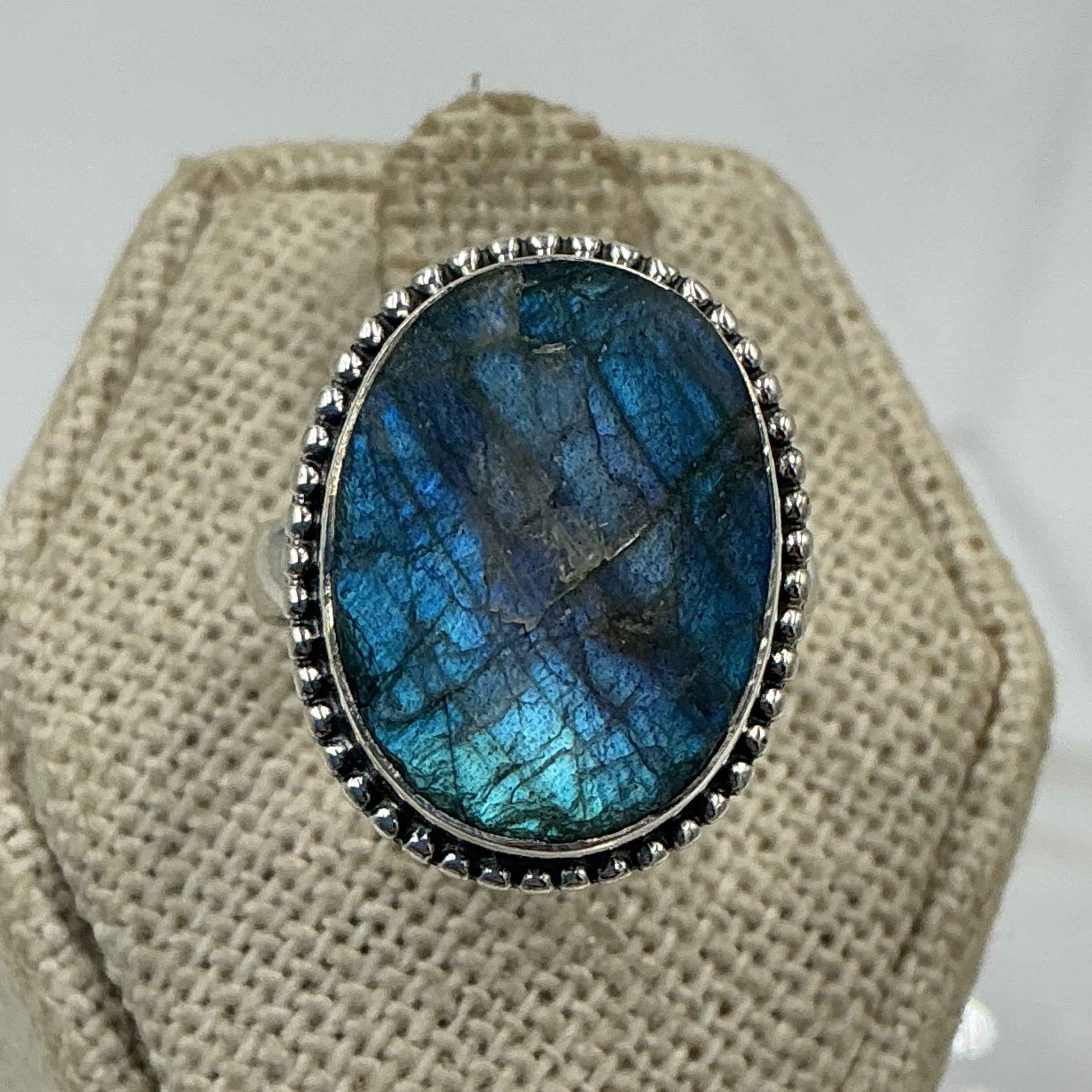 Sterling Silver Rough Bezeled Oval Labradorite Ring - Size 6 - Intuition, Protection & Transformation
