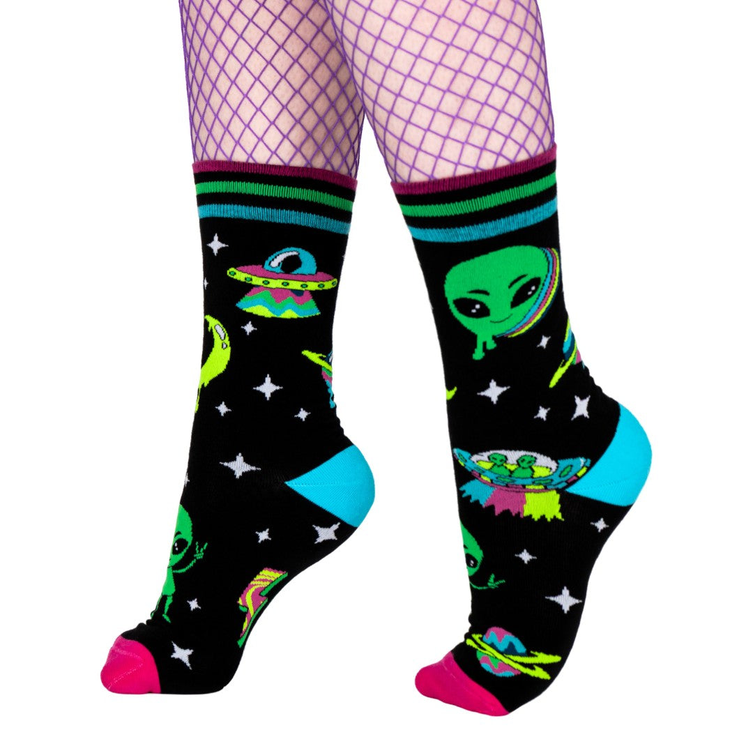 Spaced Out Alien UV Reactive Crew Socks