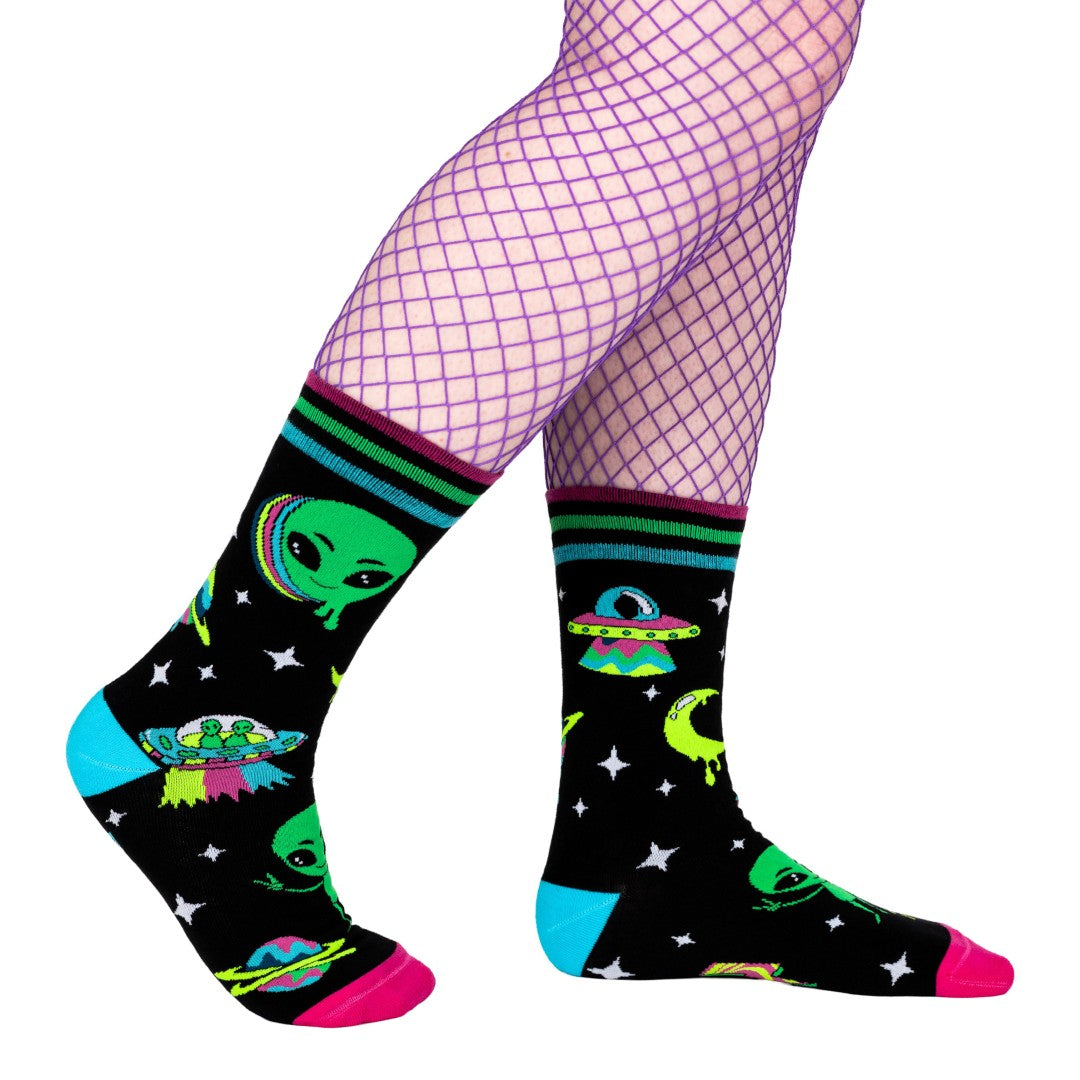 Spaced Out Alien UV Reactive Crew Socks