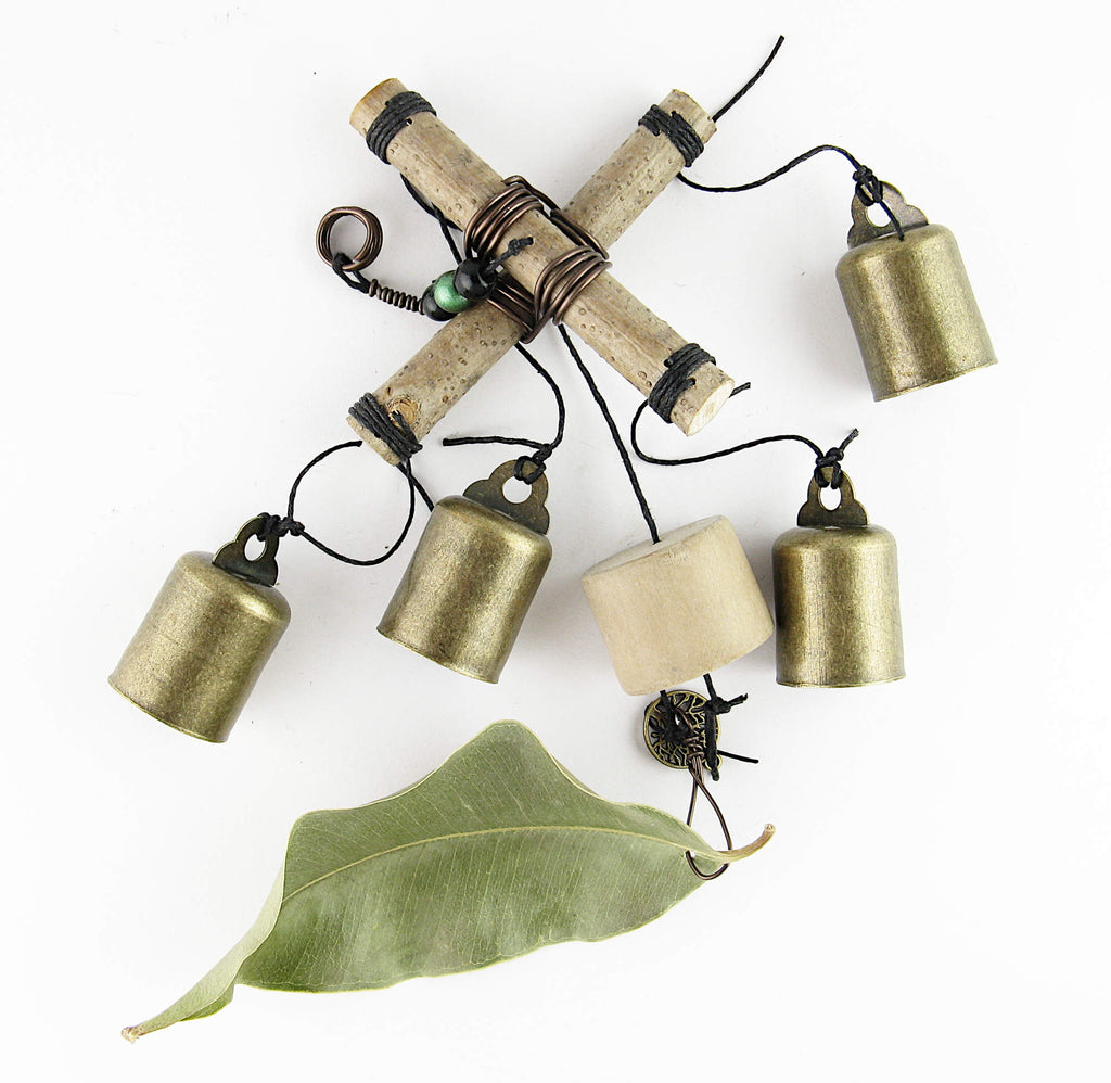 Witch's Bell / Windchime: Cross of Twigs, Driftwood, Leaf, Beads, Charm - Handcrafted
