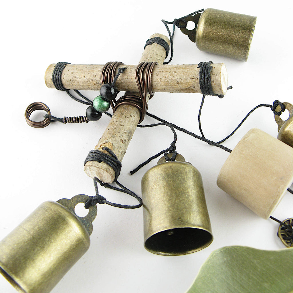 Witch's Bell / Windchime: Cross of Twigs, Driftwood, Leaf, Beads, Charm - Handcrafted