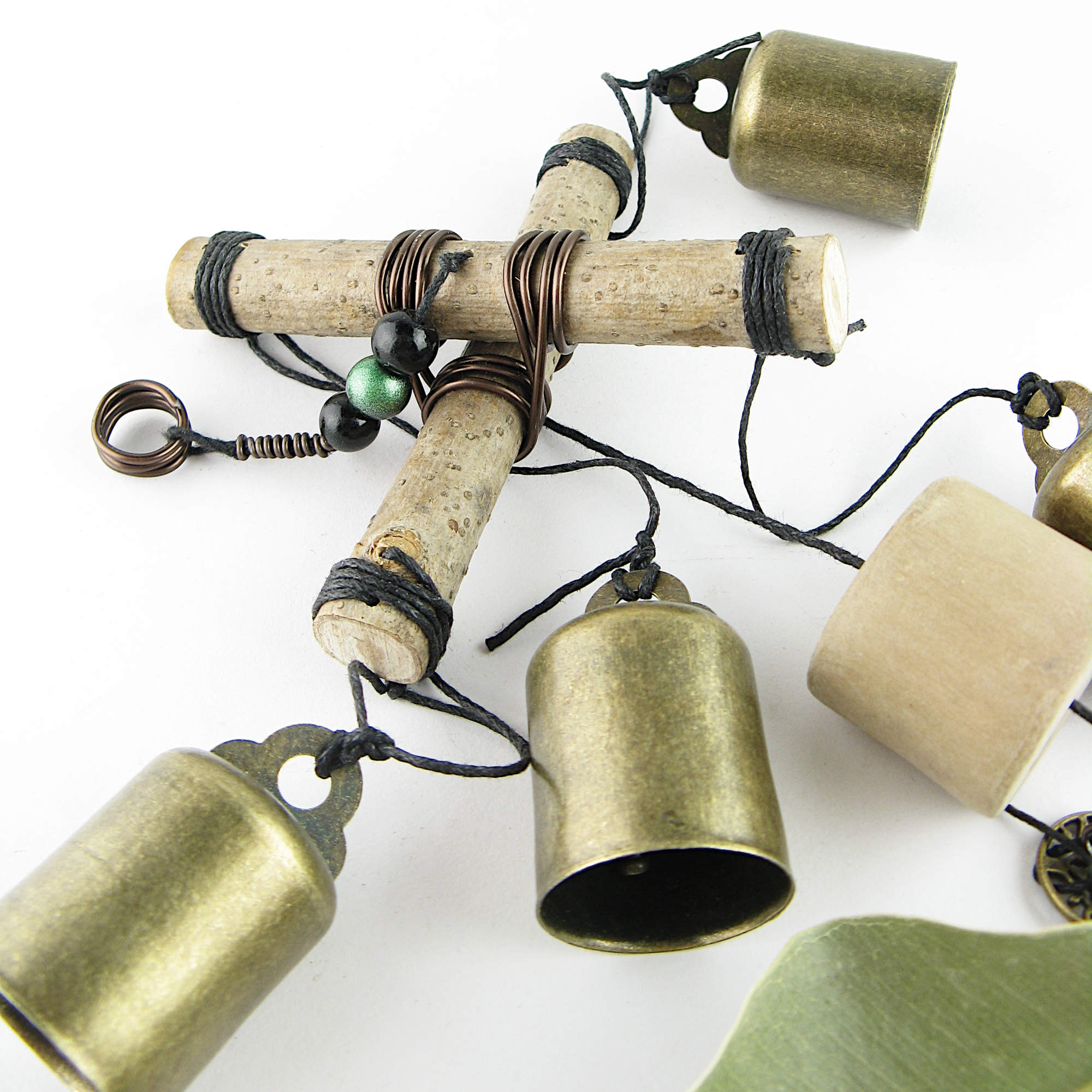 Witch's Bell / Windchime: Cross of Twigs, Driftwood, Leaf, Beads, Charm - Handcrafted