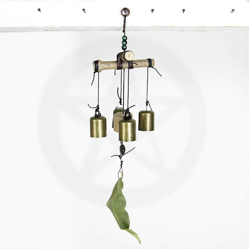 Witch's Bell / Windchime: Cross of Twigs, Driftwood, Leaf, Beads, Charm - Handcrafted