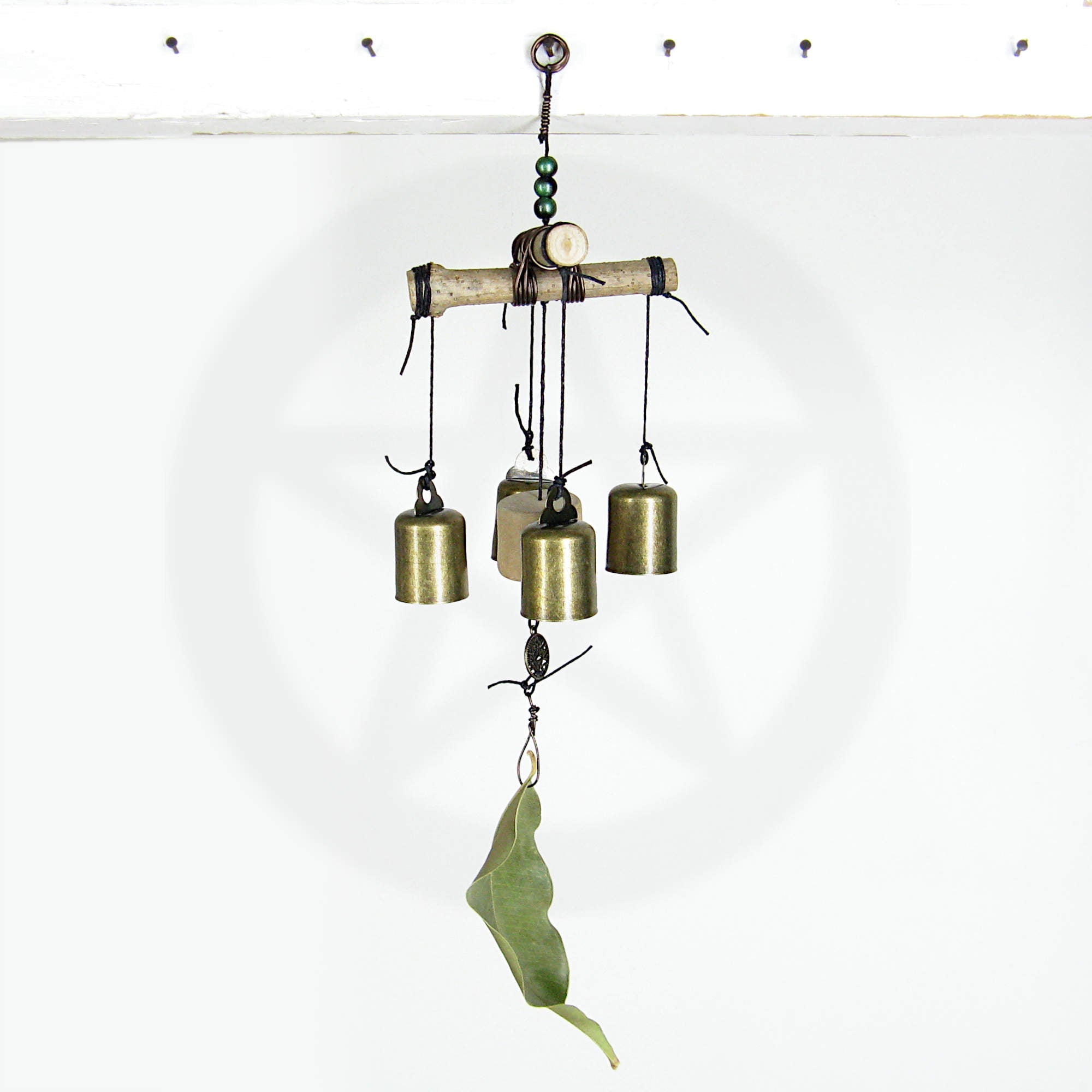 Witch's Bell / Windchime: Cross of Twigs, Driftwood, Leaf, Beads, Charm - Handcrafted