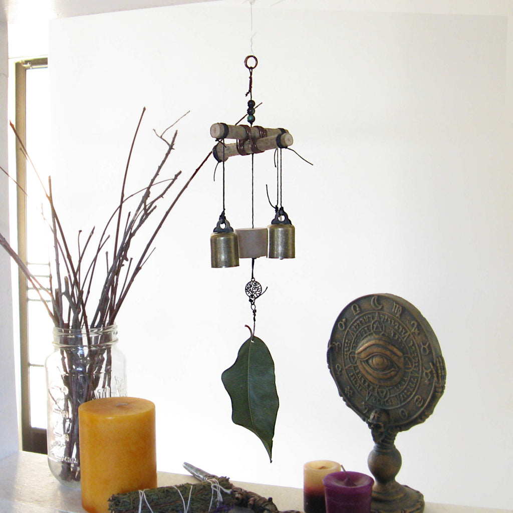 Witch's Bell / Windchime: Cross of Twigs, Driftwood, Leaf, Beads, Charm - Handcrafted