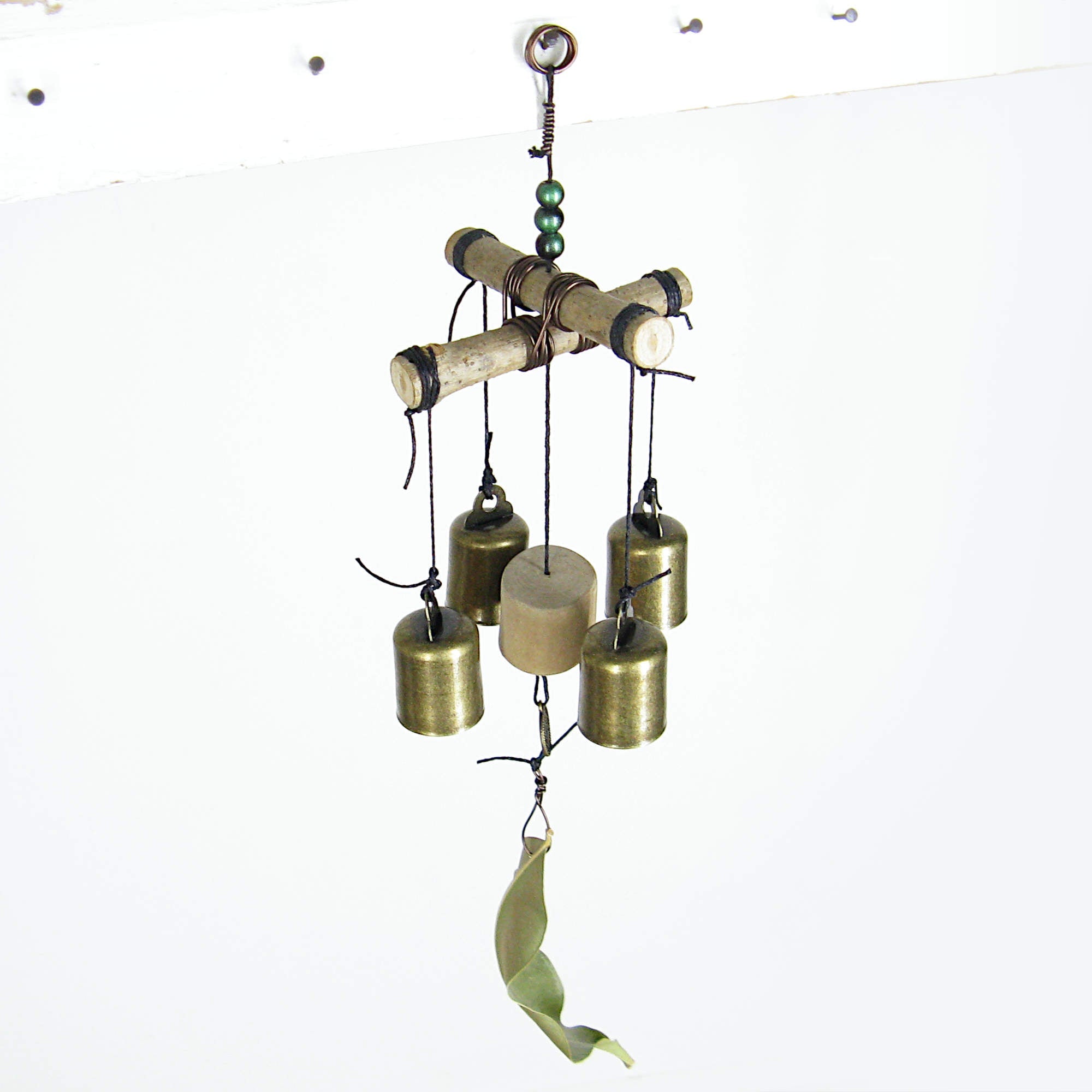 Witch's Bell / Windchime: Cross of Twigs, Driftwood, Leaf, Beads, Charm - Handcrafted