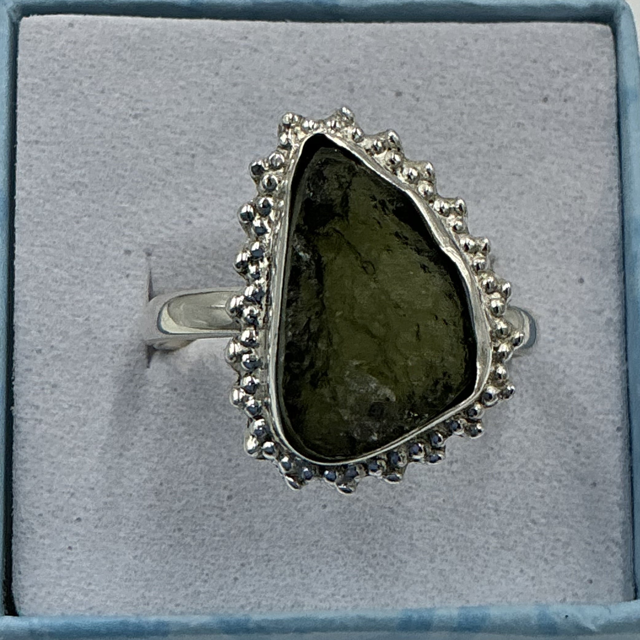 Sterling Silver Sunburst Natural Moldavite Ring - Size 10 - Transformation & Awakening