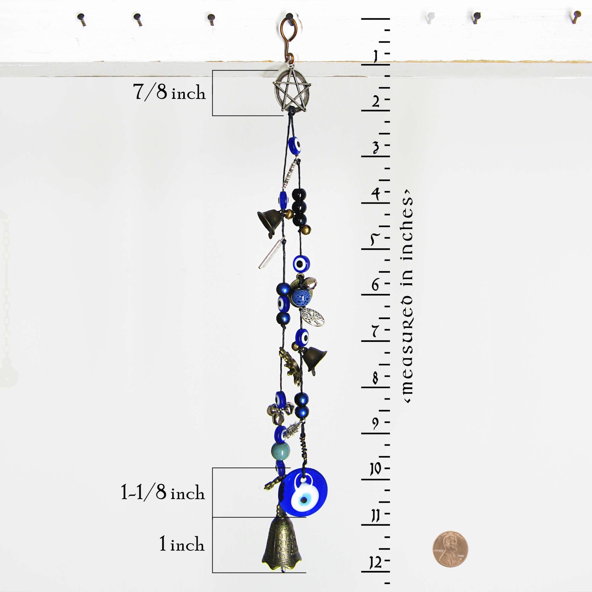 Witch's Bell: Glass Evil Eyes, Pentacle, Charms, Beads - Handcrafted