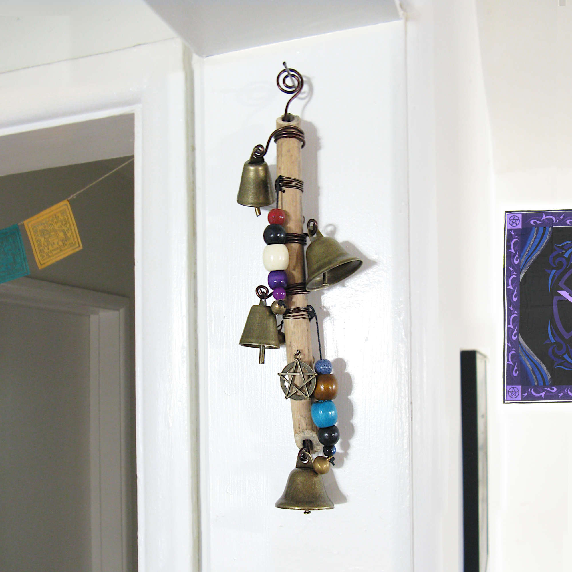 Witch's Bell: Vertical Branch, Pentacle, Colorful Beads, Spiral - Handcrafted