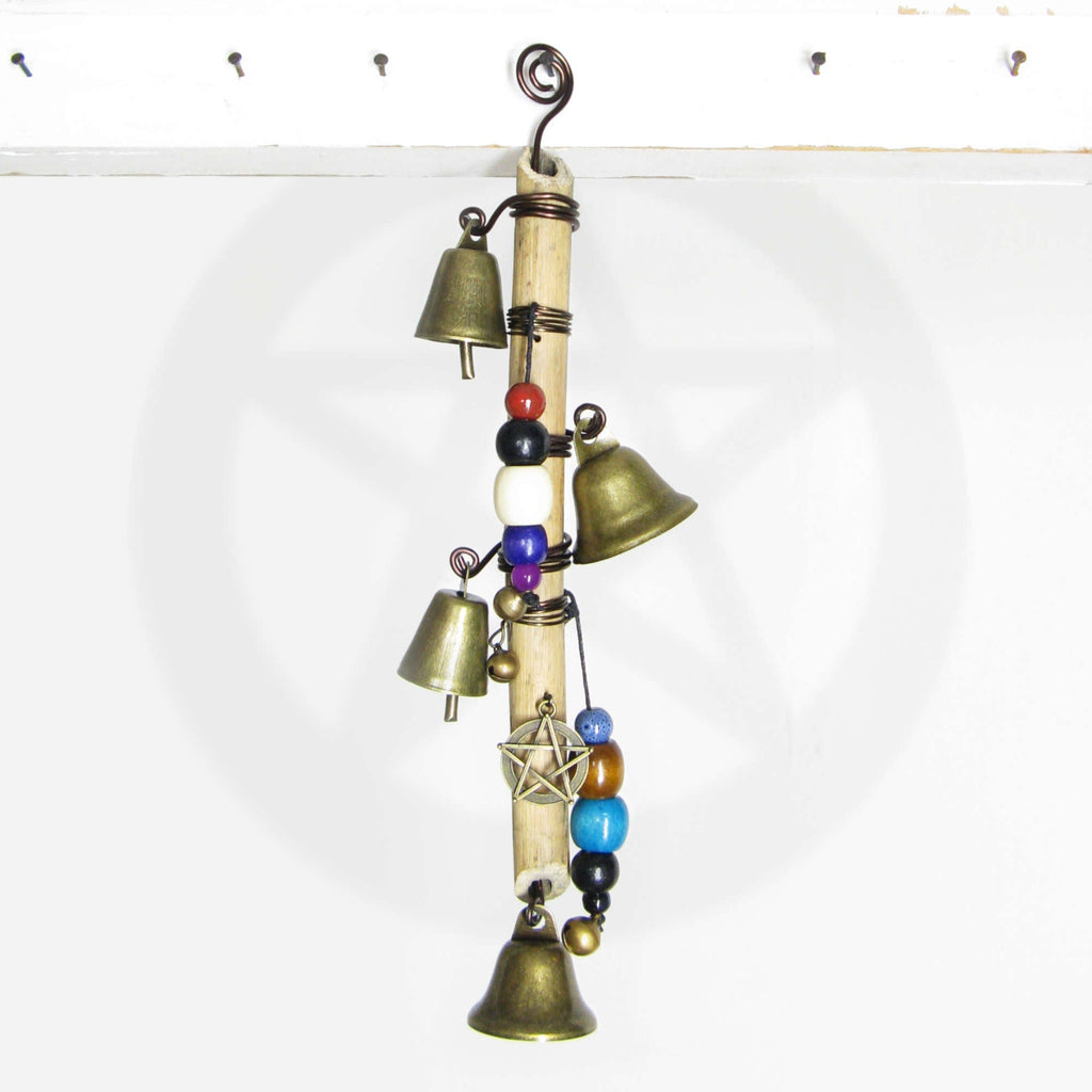 Witch's Bell: Vertical Branch, Pentacle, Colorful Beads, Spiral - Handcrafted