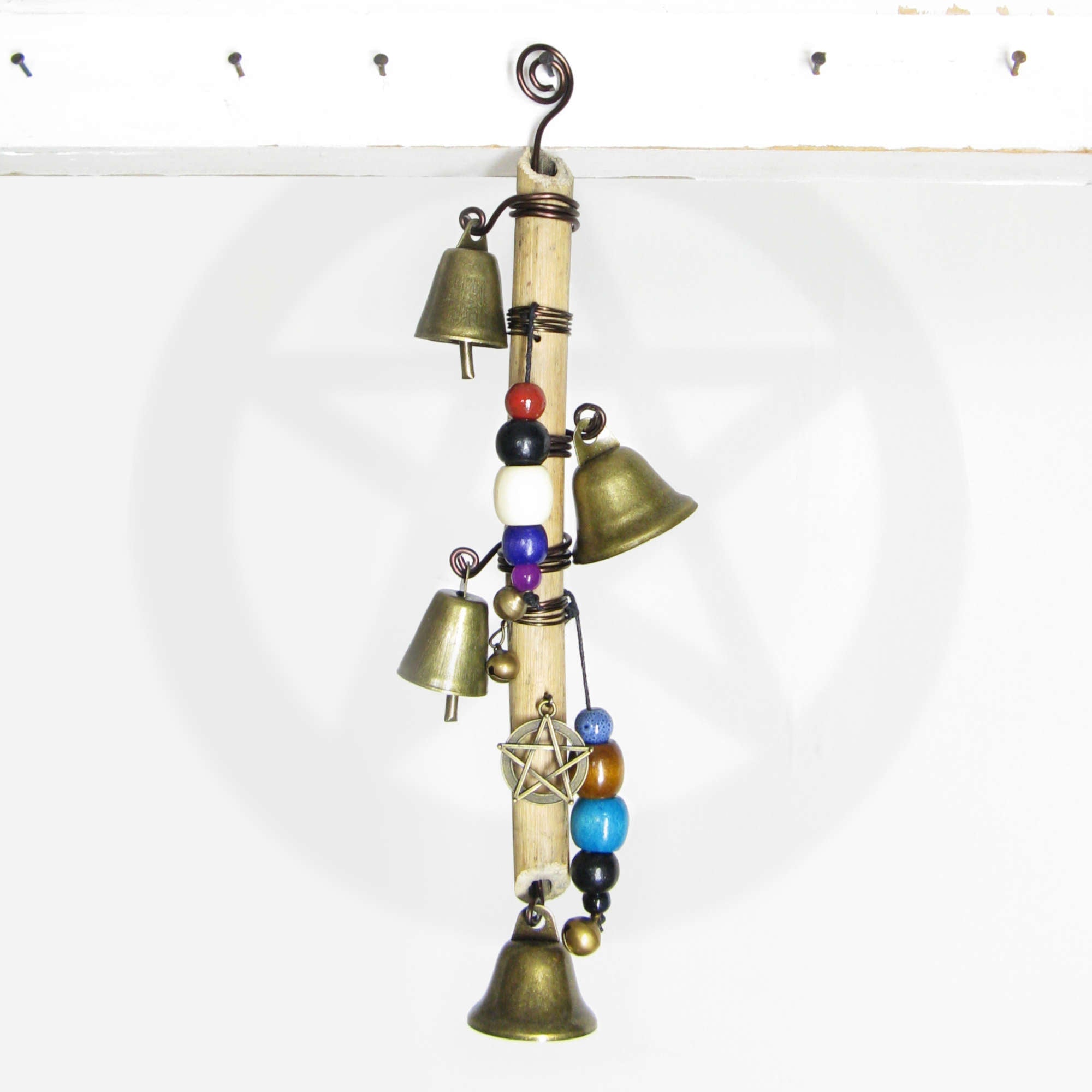 Witch's Bell: Vertical Branch, Pentacle, Colorful Beads, Spiral - Handcrafted