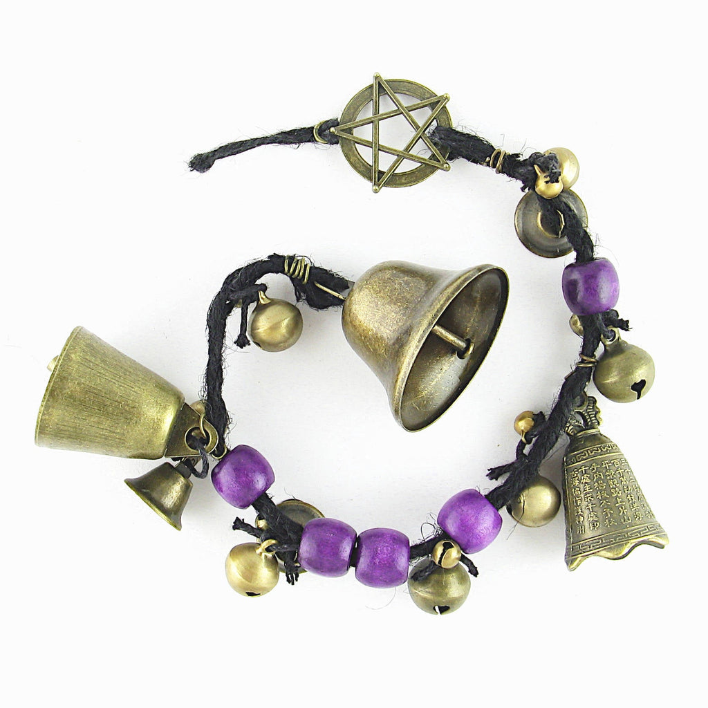 Witch's Bell: Long Braided Twine, Pentacle Charm, Colorful Beads - Handcrafted