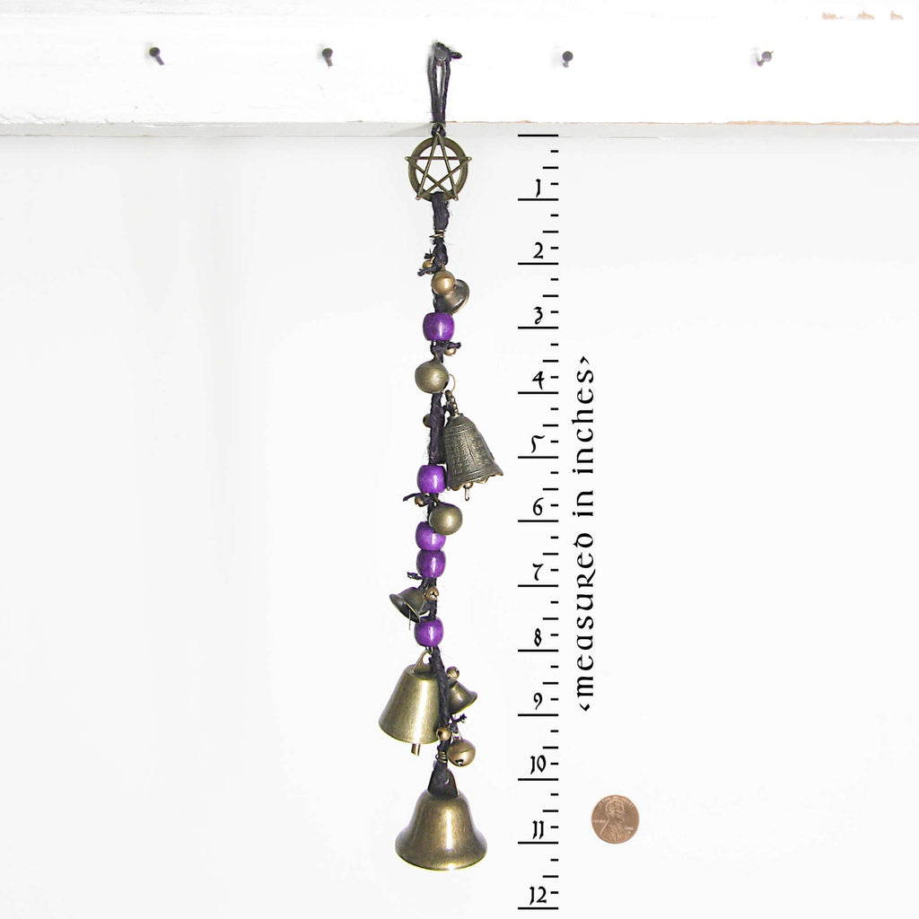 Witch's Bell: Long Braided Twine, Pentacle Charm, Colorful Beads - Handcrafted