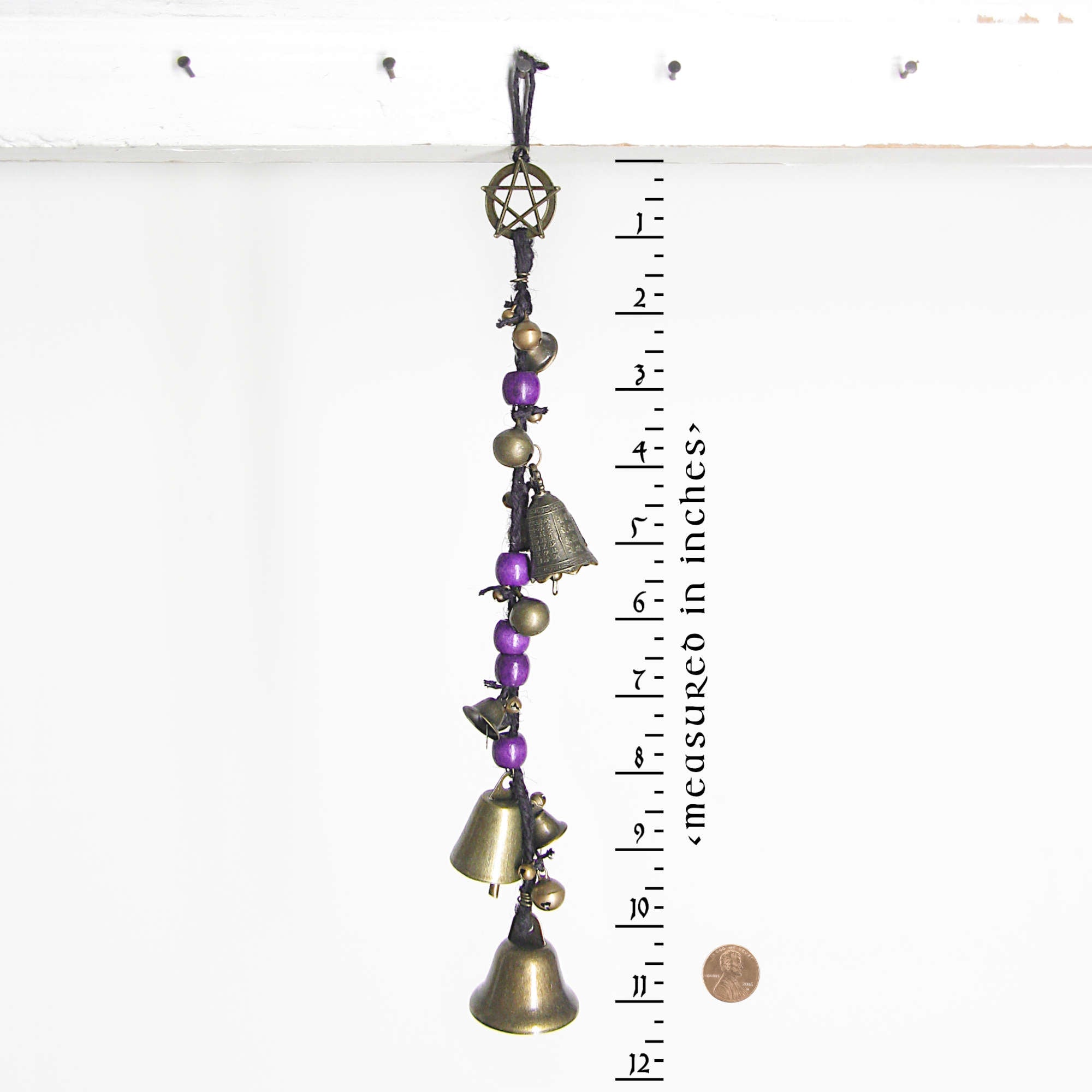 Witch's Bell: Long Braided Twine, Pentacle Charm, Colorful Beads - Handcrafted