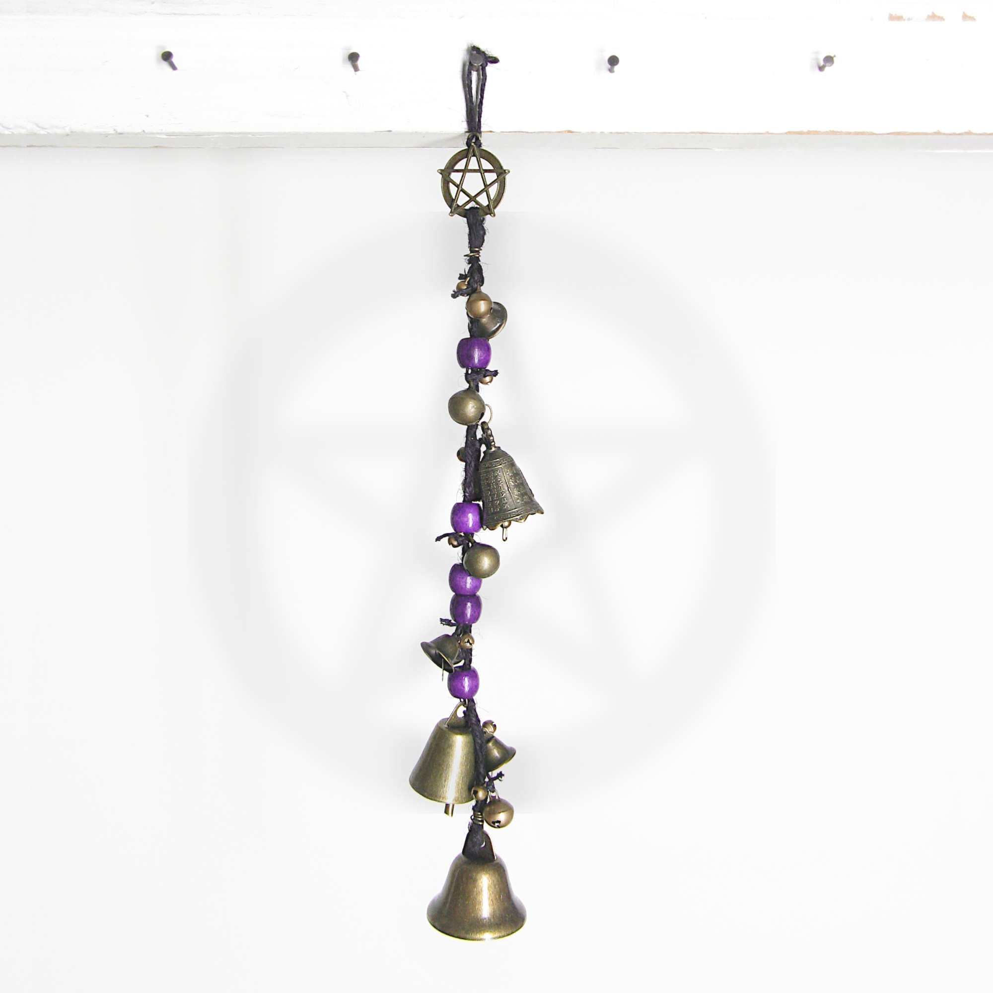 Witch's Bell: Long Braided Twine, Pentacle Charm, Colorful Beads - Handcrafted