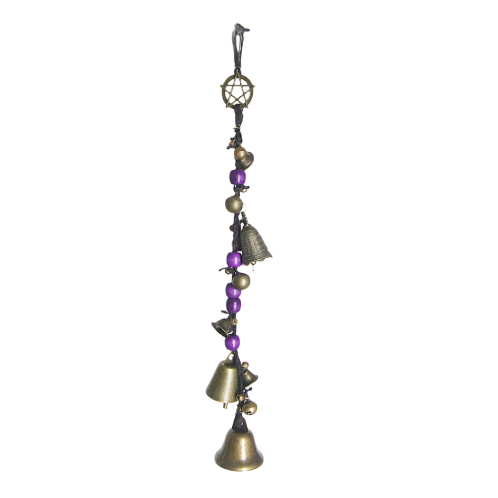 Witch's Bell: Long Braided Twine, Pentacle Charm, Colorful Beads - Handcrafted