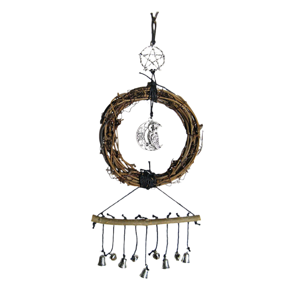 Wall Hanging: Small Wreath, Owl/Crescent Moon, Pentagram, Tiny Bells - Handcrafted
