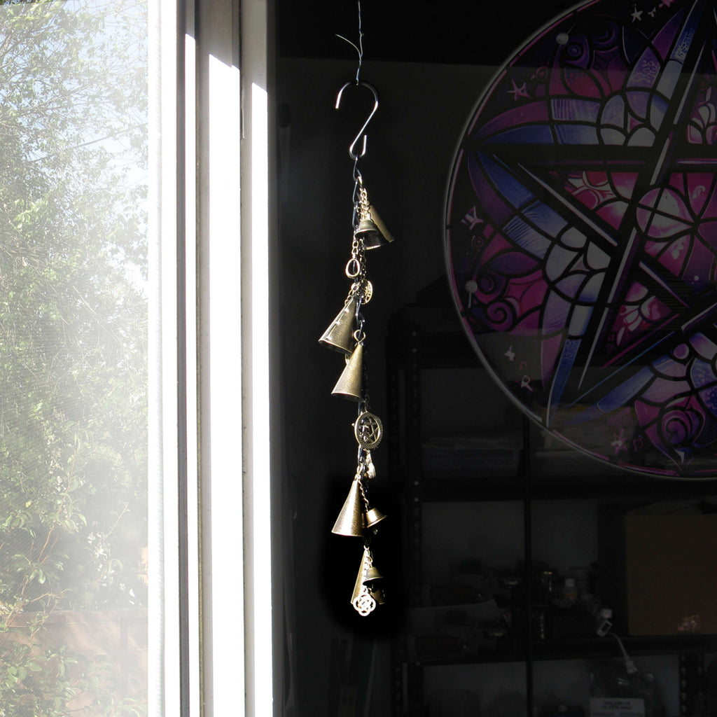 Witch's Bell: 5 Cone-Shaped Bells, Black Chain, Charms, Sleigh Bells - Handcrafted