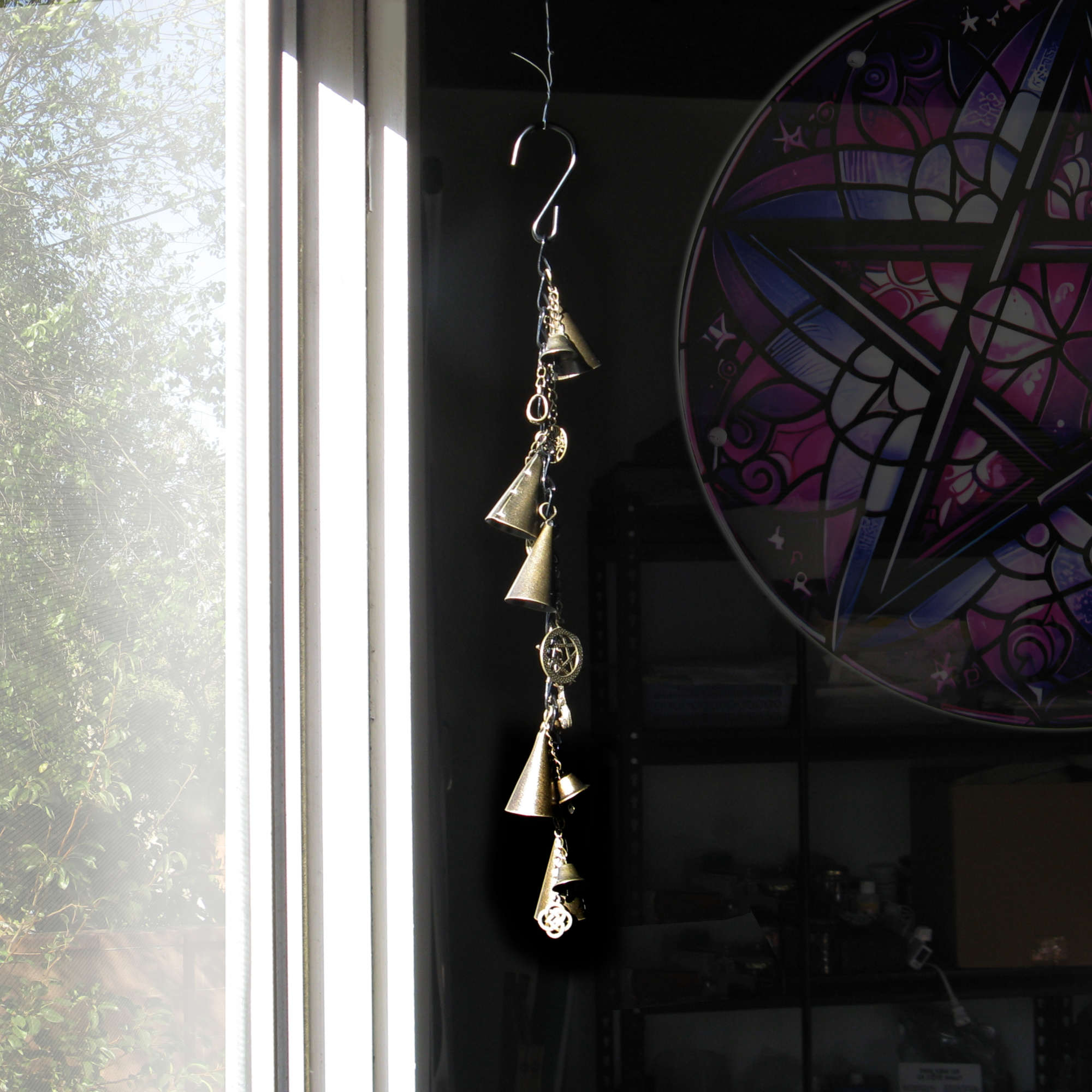 Witch's Bell: 5 Cone-Shaped Bells, Black Chain, Charms, Sleigh Bells - Handcrafted