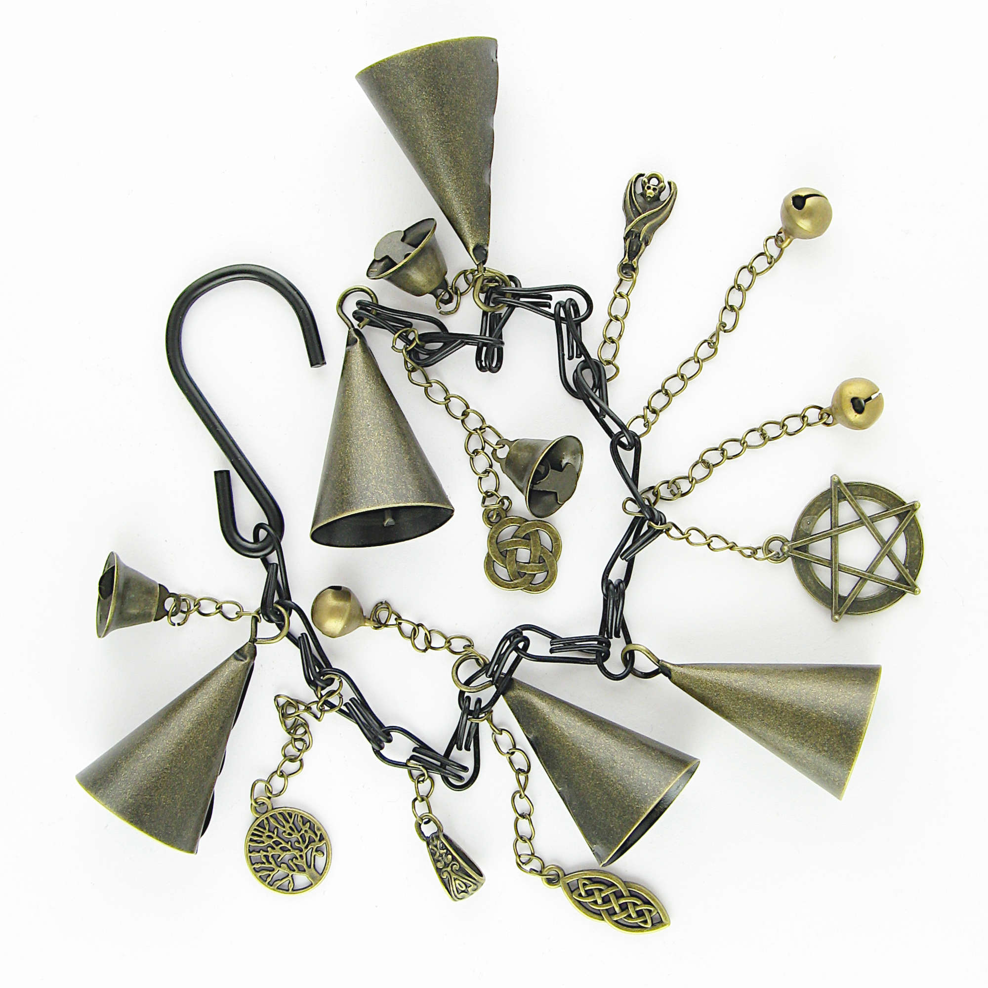 Witch's Bell: 5 Cone-Shaped Bells, Black Chain, Charms, Sleigh Bells - Handcrafted