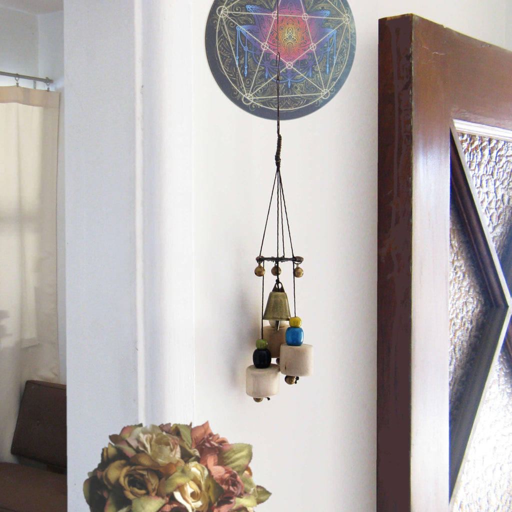 Witch's Bell: Driftwood, Hammered Black Spiral, Colorful Beads - Handcrafted