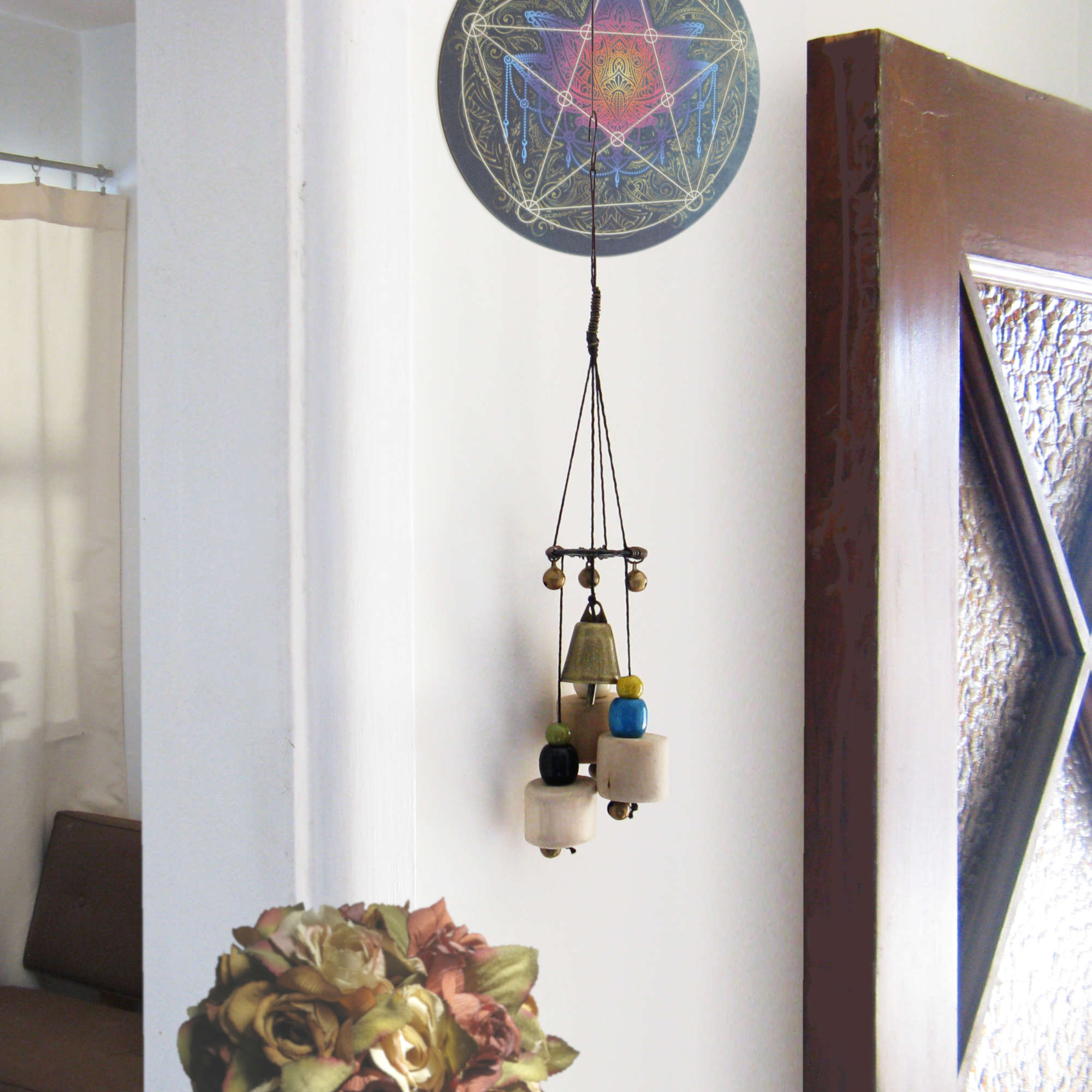 Witch's Bell: Driftwood, Hammered Black Spiral, Colorful Beads - Handcrafted