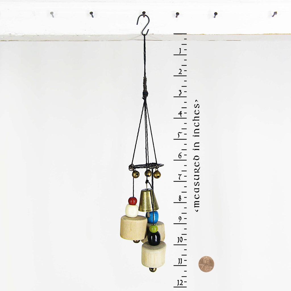 Witch's Bell: Driftwood, Hammered Black Spiral, Colorful Beads - Handcrafted
