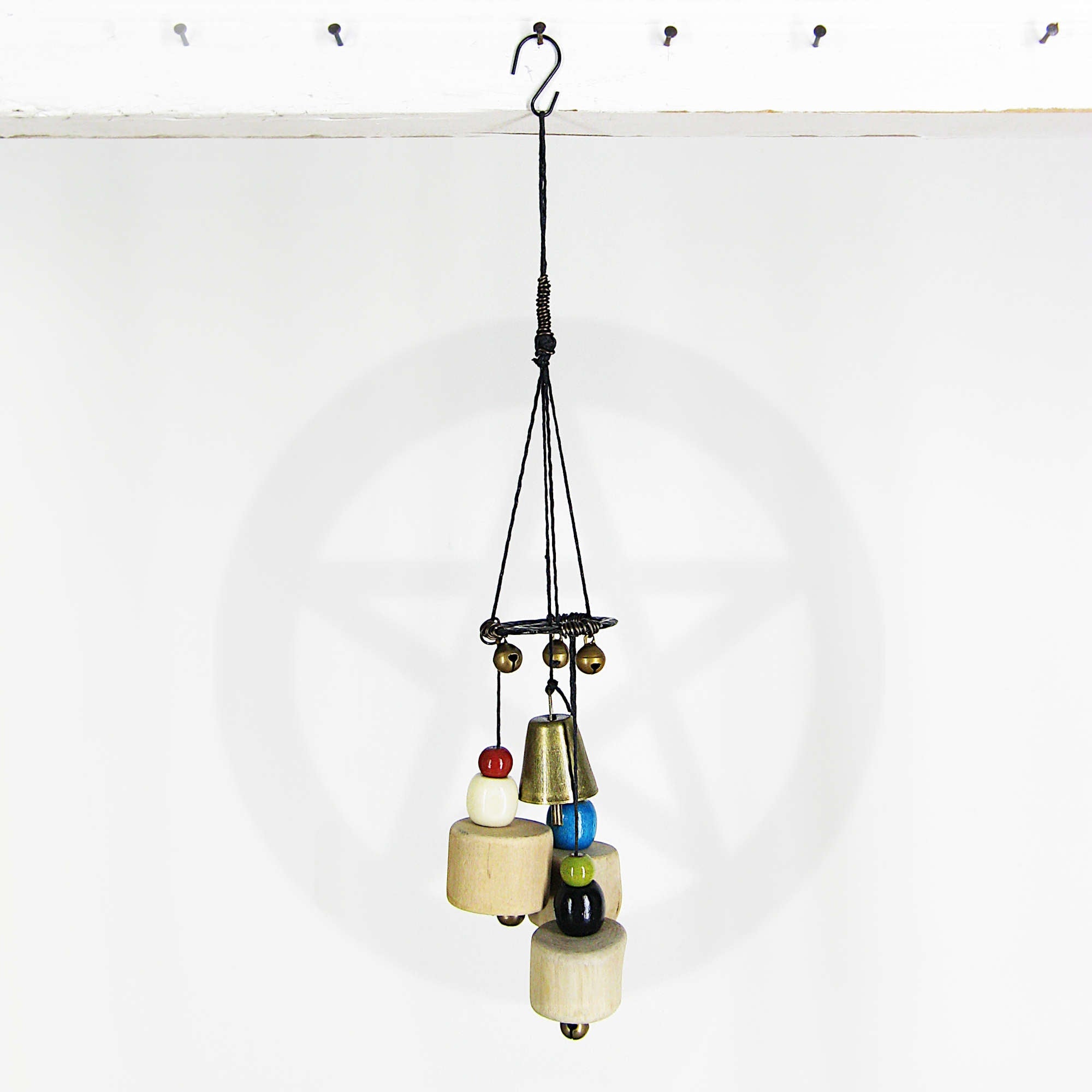 Witch's Bell: Driftwood, Hammered Black Spiral, Colorful Beads - Handcrafted