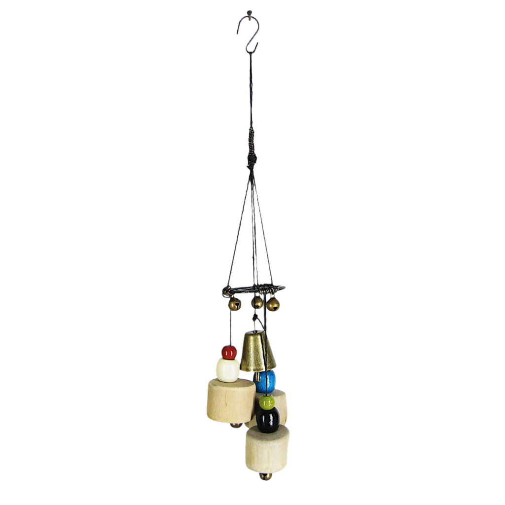 Witch's Bell: Driftwood, Hammered Black Spiral, Colorful Beads - Handcrafted