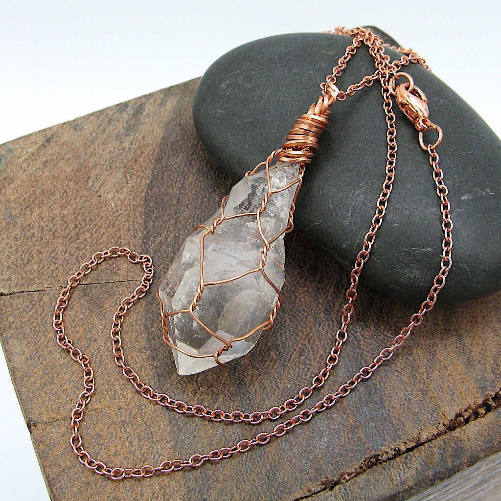 Clear Smoky Raw Quartz Crystal Pendant Necklace, Copper Wire-Wrapped, Handmade