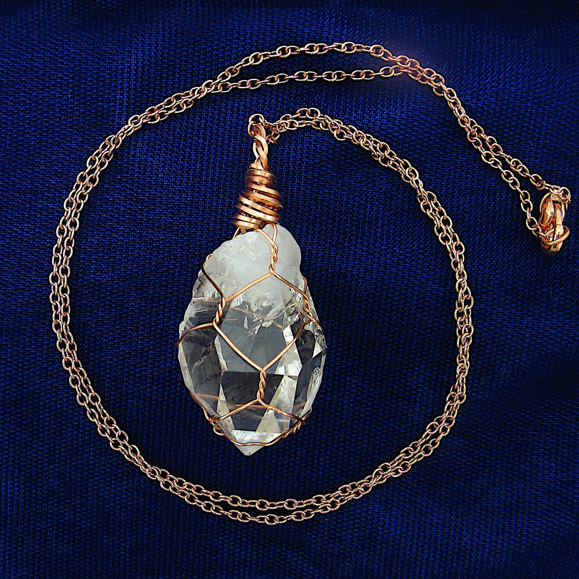 Clear Smoky Raw Quartz Crystal Pendant Necklace, Copper Wire-Wrapped, Handmade
