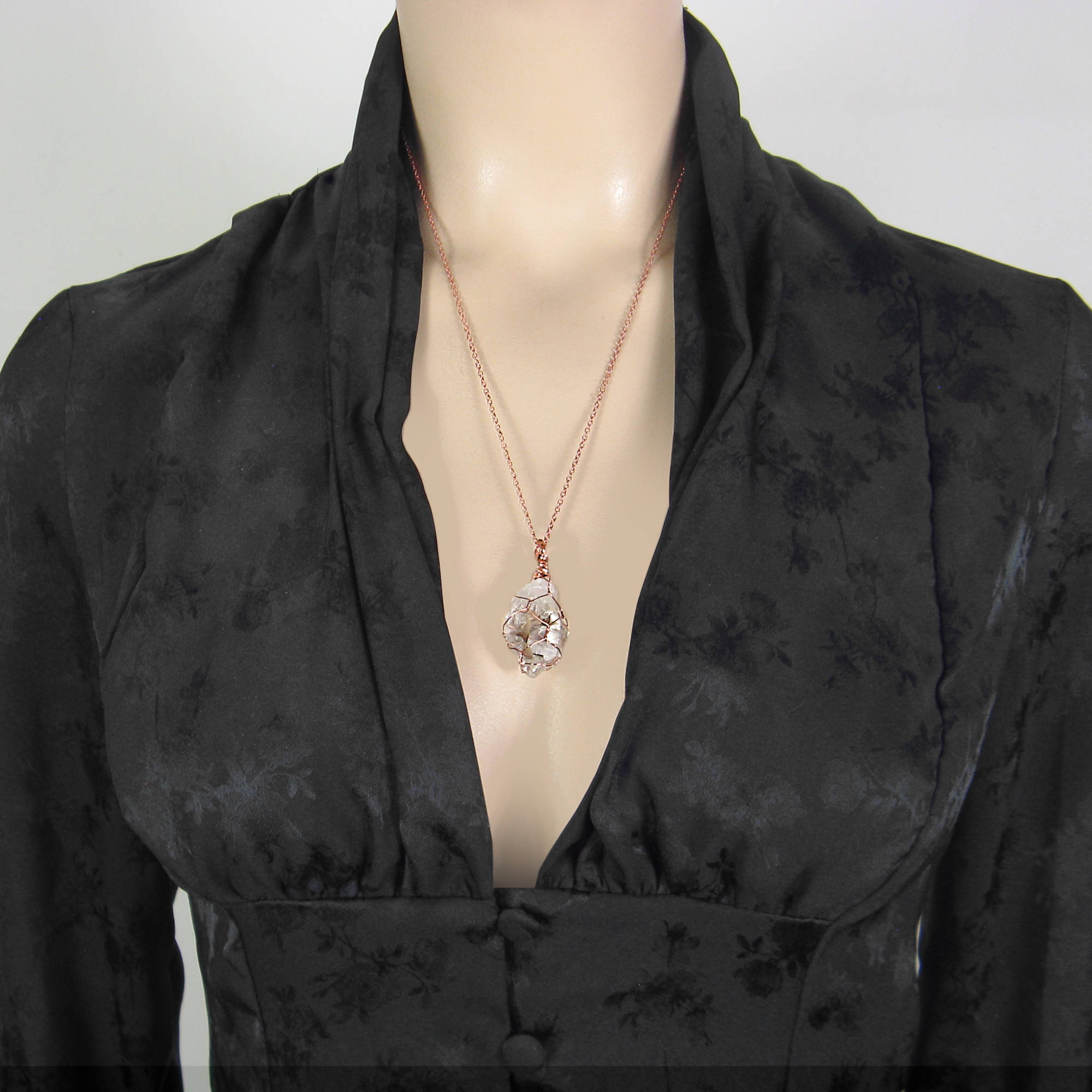 Clear Smoky Raw Quartz Crystal Pendant Necklace, Copper Wire-Wrapped, Handmade