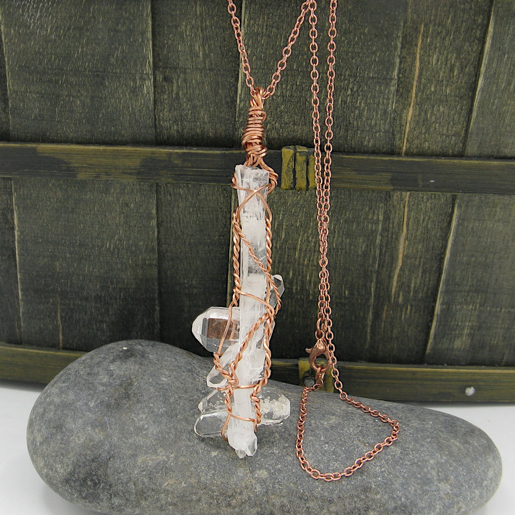 Raw Faden Clear Quartz Crystal Pendant Necklace, Copper Wire-Wrapped, Handmade