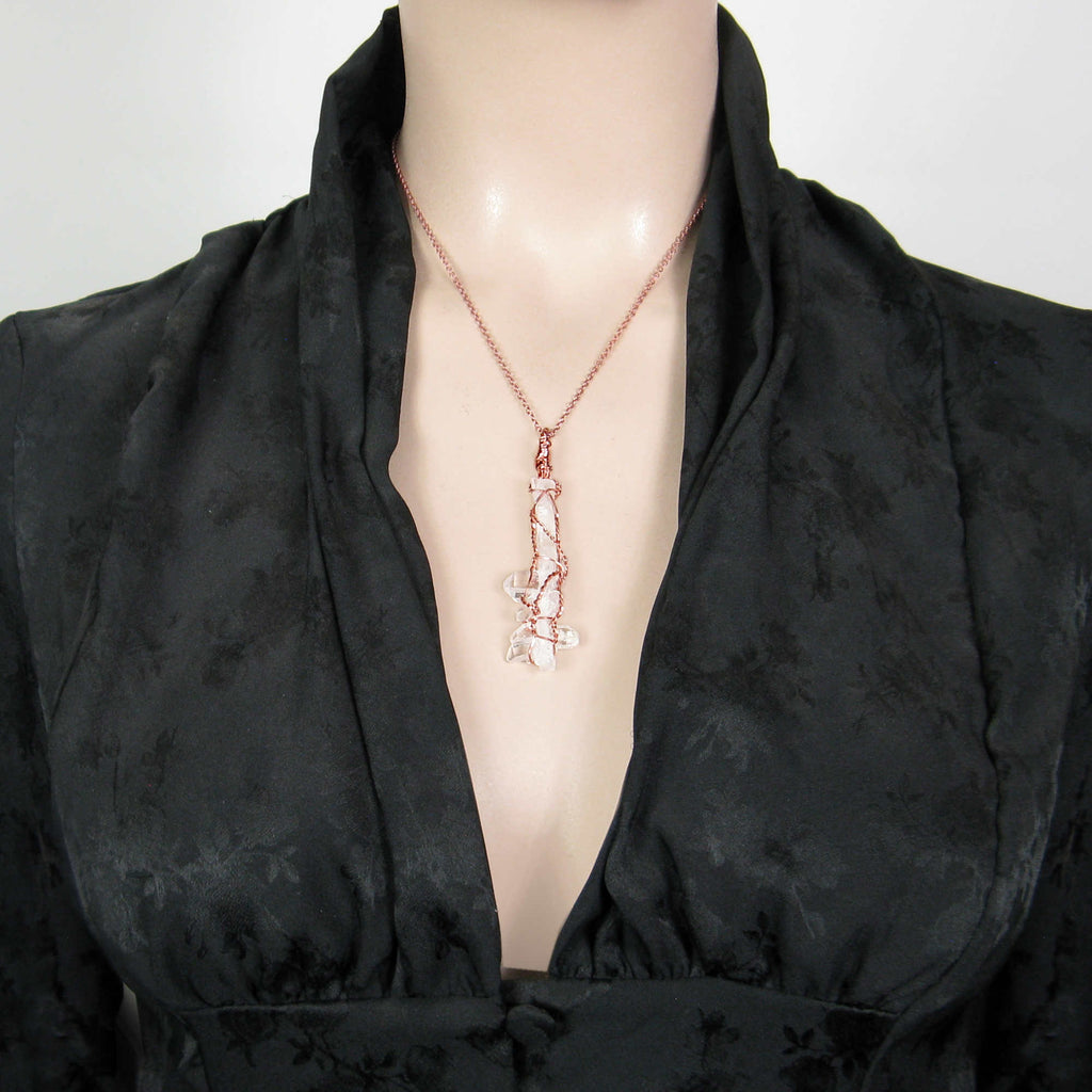 Raw Faden Clear Quartz Crystal Pendant Necklace, Copper Wire-Wrapped, Handmade