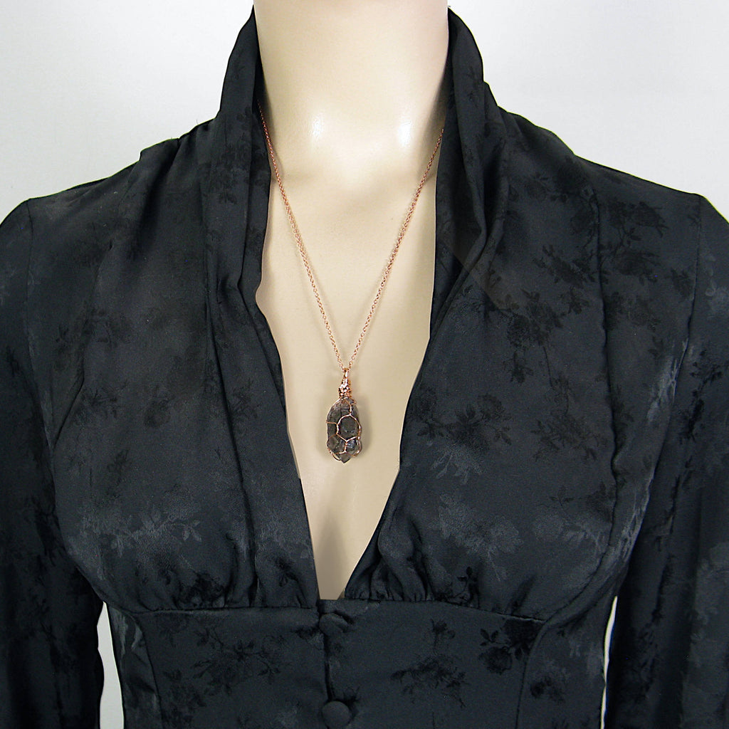 Dark Smoky Quartz Raw Crystal Pendant Necklace, Copper Wire-Wrapped, Handmade, with 20" Chain