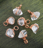 Herkimer Diamond Quartz Spiral Charm Pendant, Copper Wire-Wrapped, Handmade