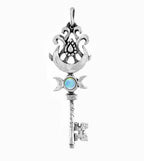 Old-Fashioned Key Pendant With Triple Moon, Crescent & Opal Cabochon, Handmade