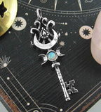 Old-Fashioned Key Pendant With Triple Moon, Crescent & Opal Cabochon, Handmade
