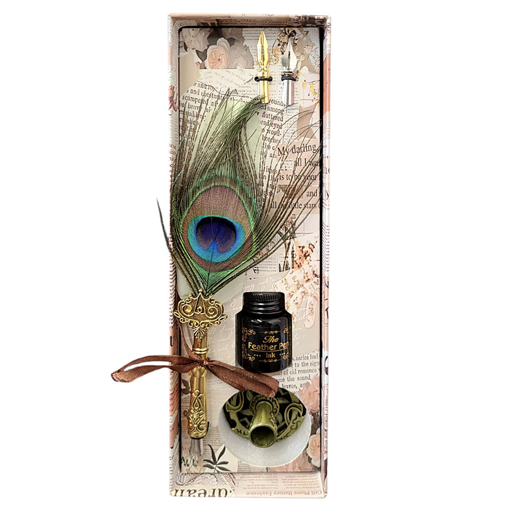 Peacock Feather Quill Dip Pen Set