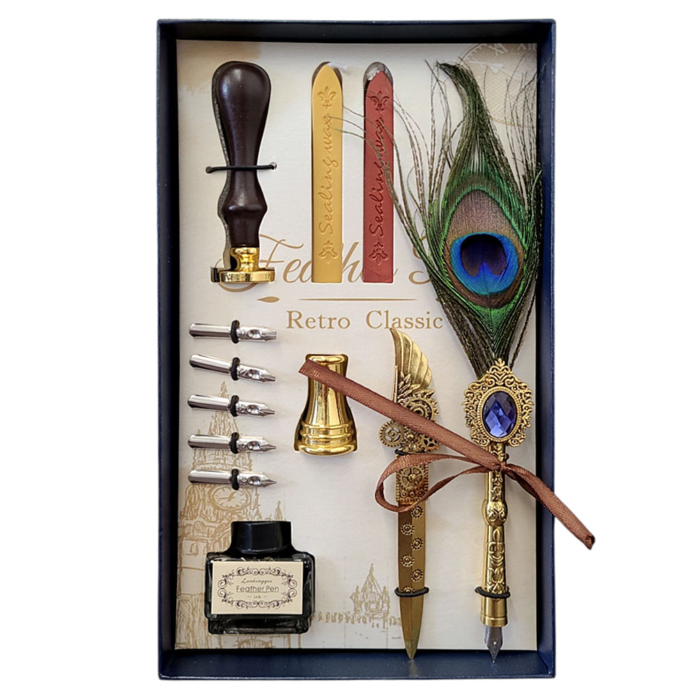 Peacock Feather Quill Dip Pen Set - Feather Quill Pen Dip Set – Style 8
