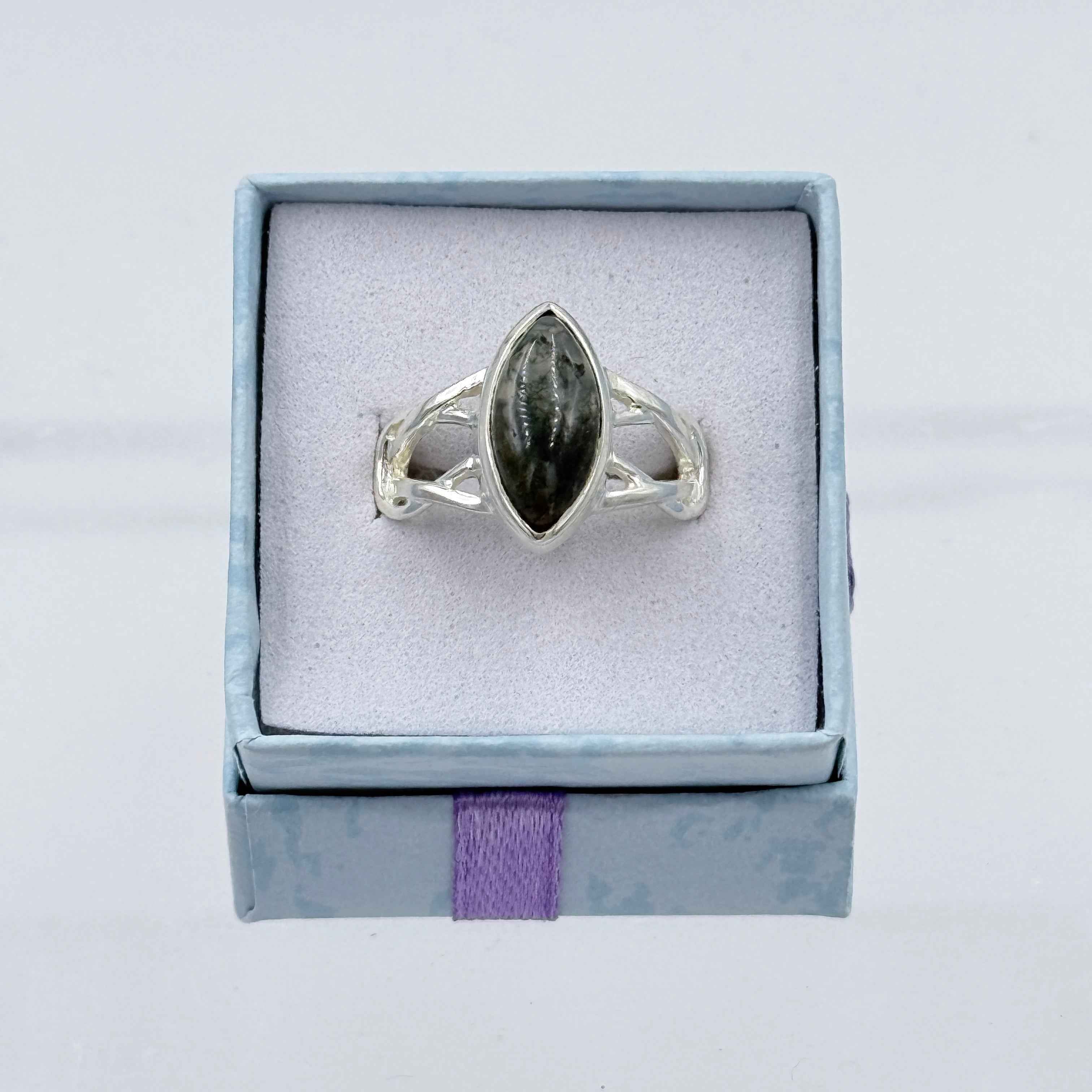 Sterling Silver Knot Banded Marquise Moss Agate Ring - Size 7 - Grounding, Nurturing & Growth