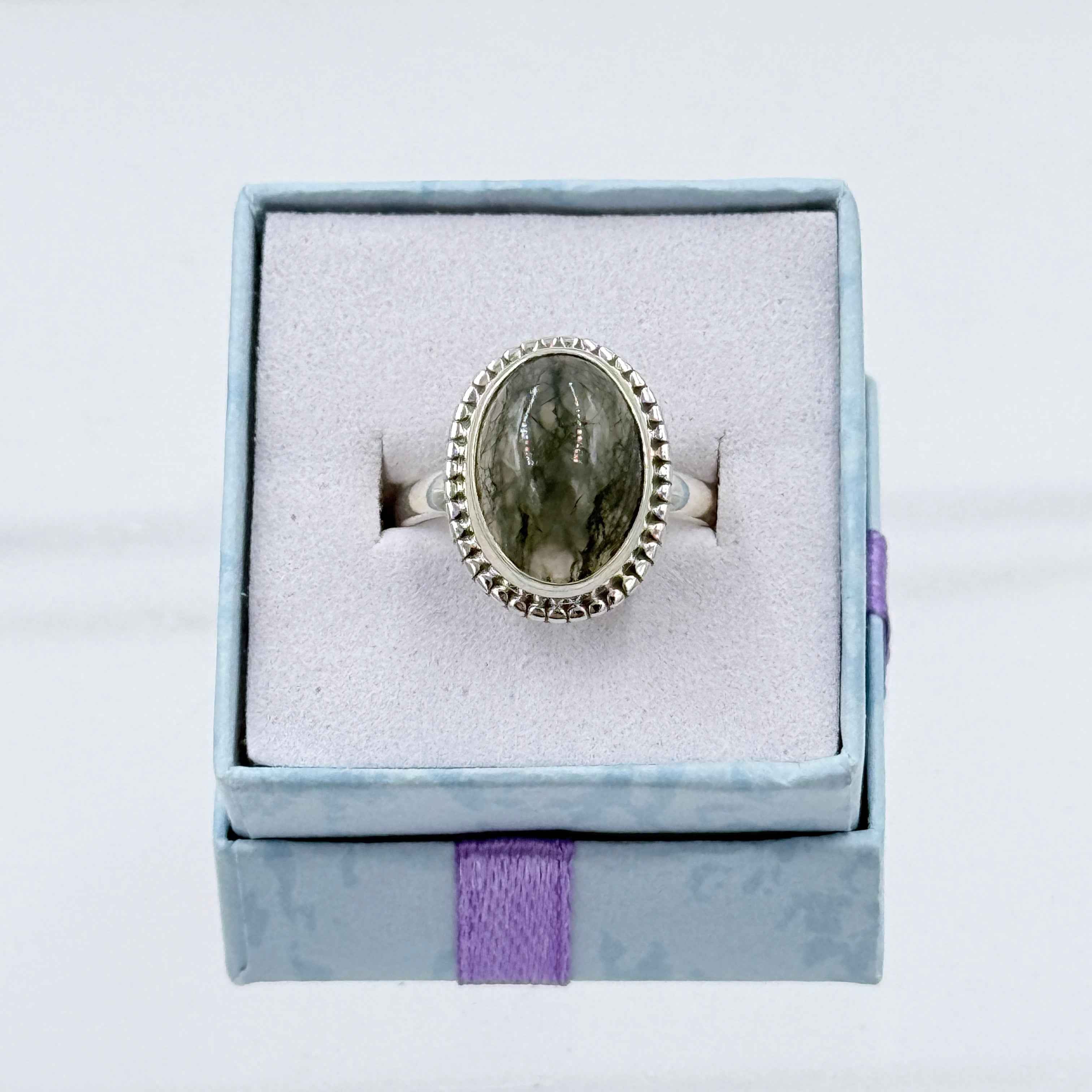 Sterling Silver Bezeled Oval Moss Agate Ring - Size 8 - Grounding, Nurturing & Growth