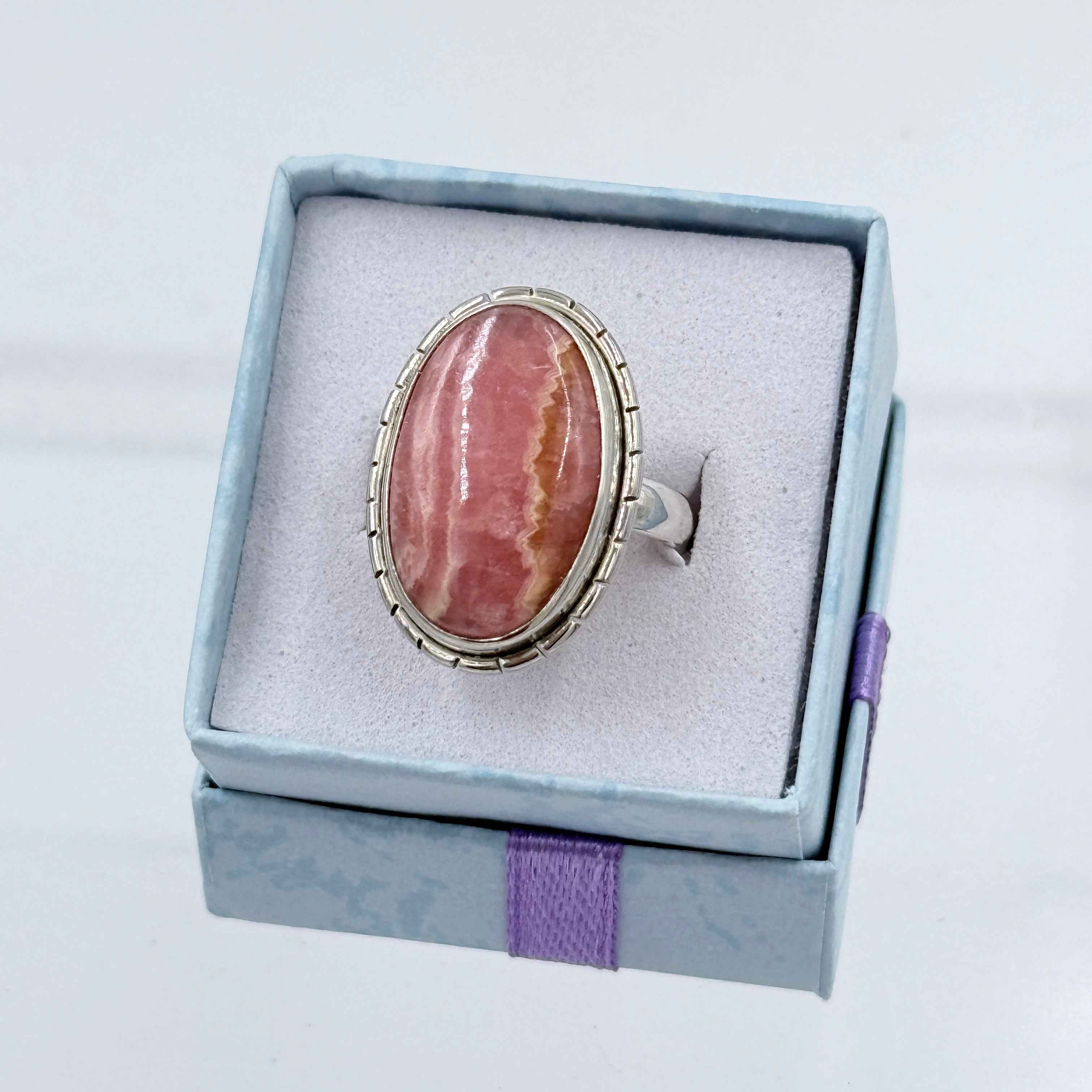 Sterling Silver Lined Oval Rhodochrosite Ring - Size 6 - Loving, Compassionate & Healing