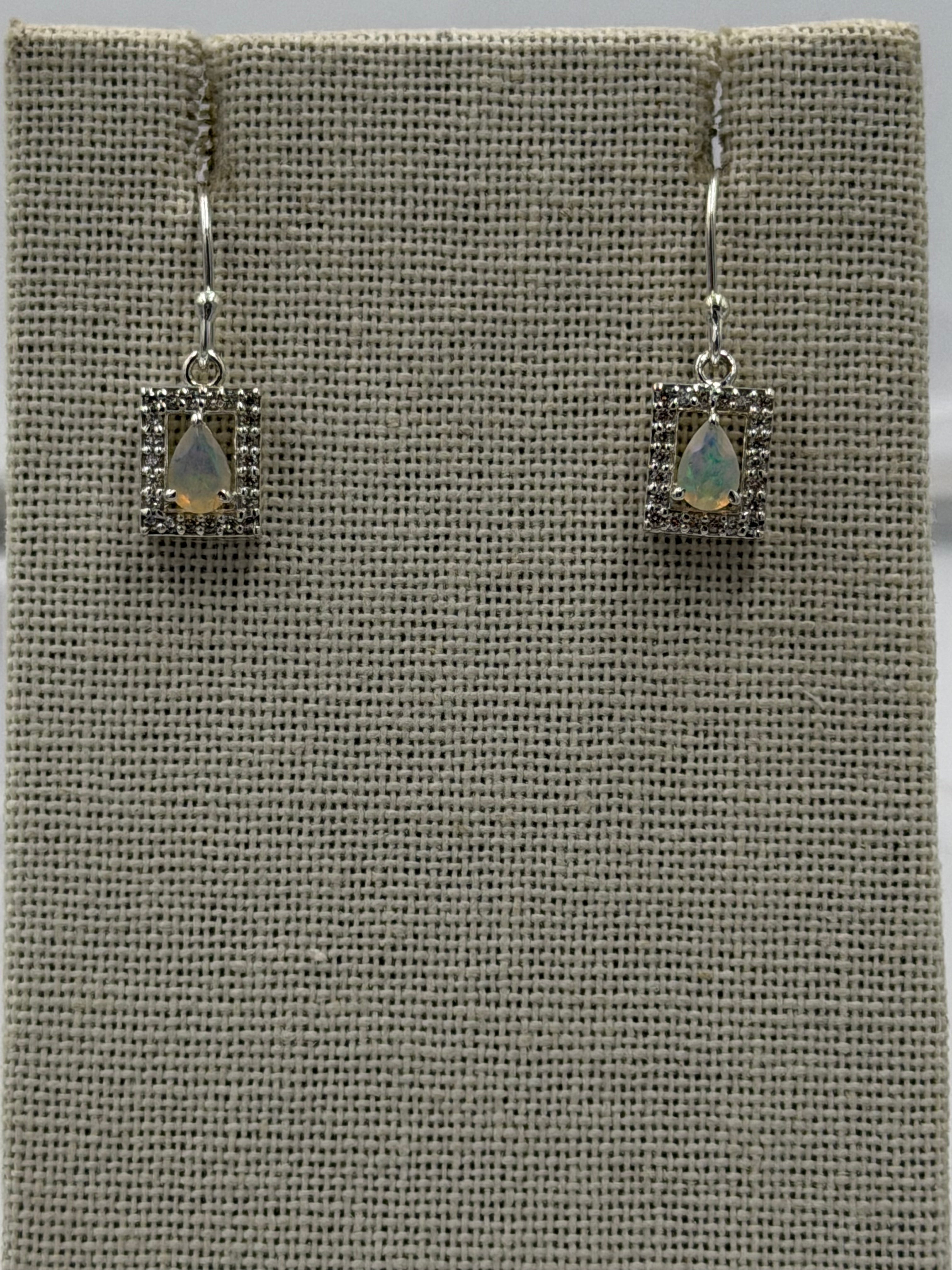 Sterling Silver Sparkled Square with Teardrop Ethiopian Opal Dangle Earrings