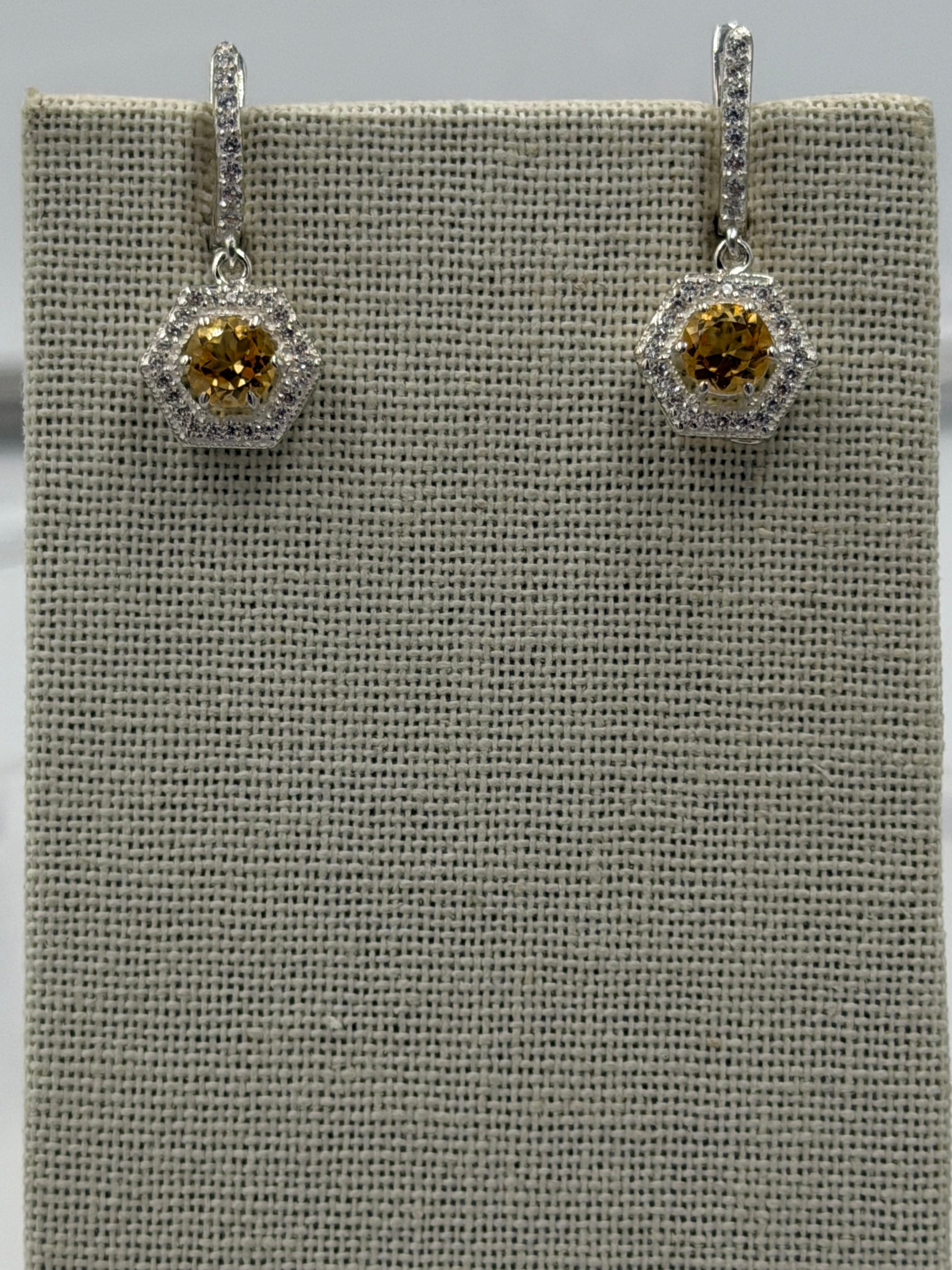 Sterling Silver Sparkled Hexagon Citrine Hoop Earrings