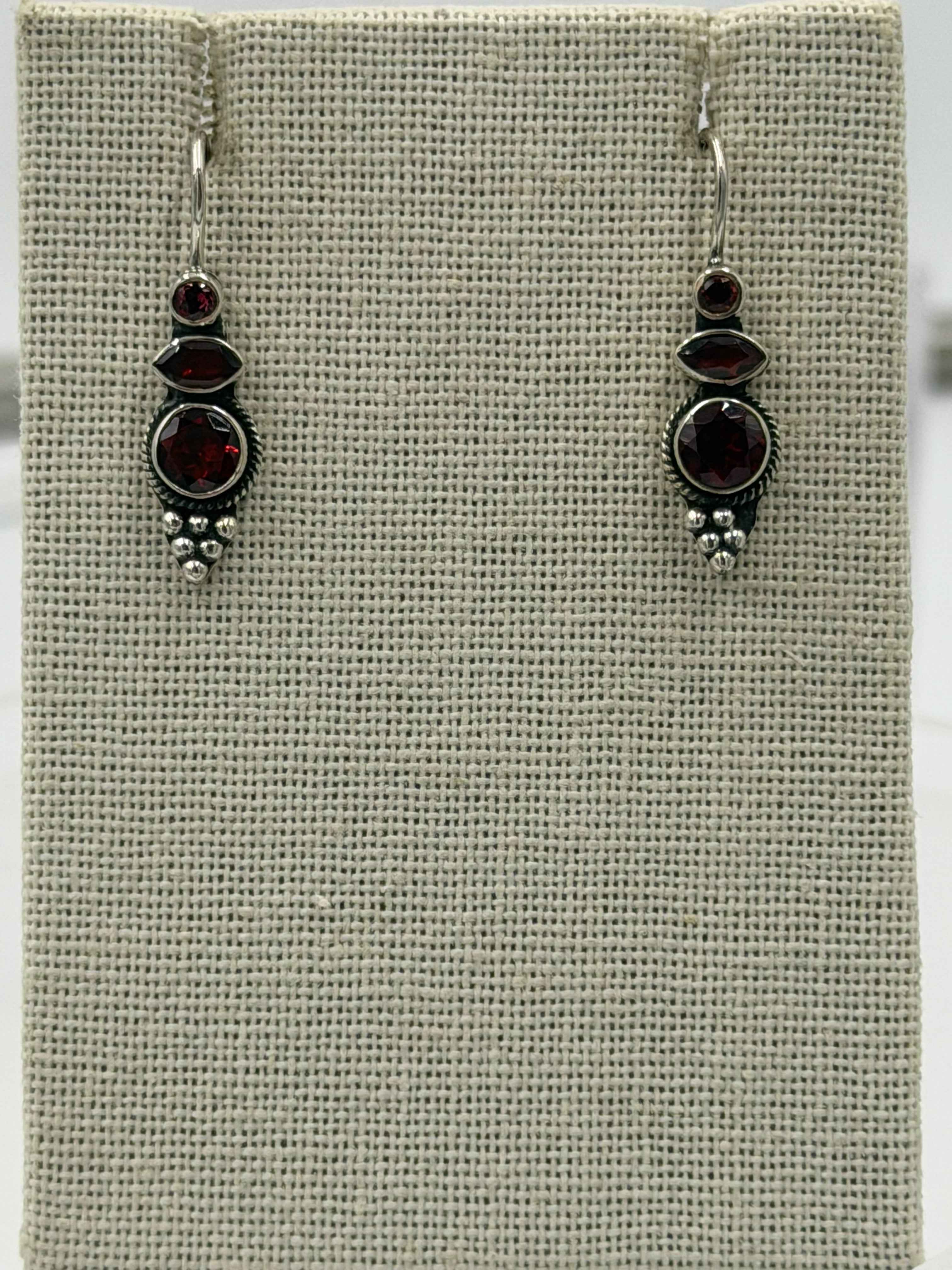Sterling Silver Triple Garnet Dangle Earrings